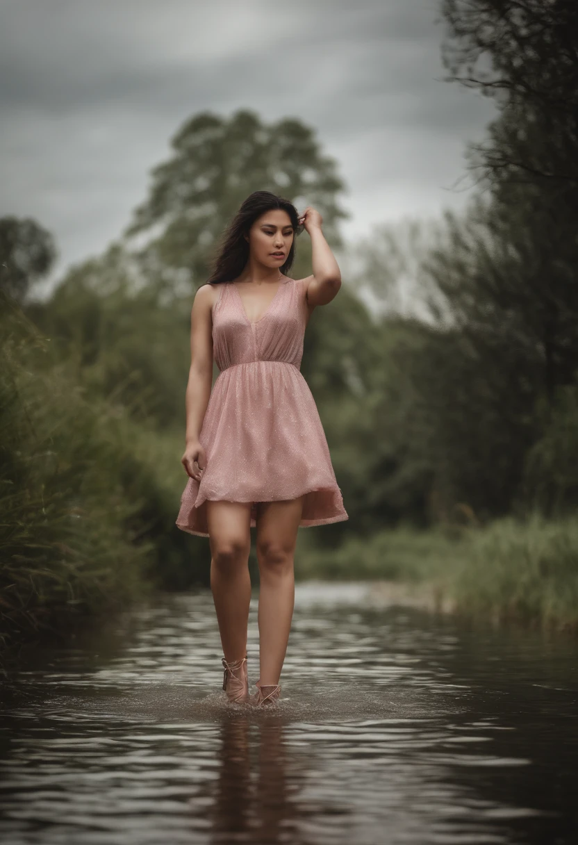 An Asian beautiful woman shiny in pink latex(Rain boots)Tread on the water playing in the river,Part of the rain boots close-up,Get wet,Short white dress,Clear river water,There are pebbles in the water,Happy expression,Laughed,with blue sky and white clouds,light and shadow effect,High-precision details,Full body photo,Authentic photo texture,The picture is clear,9 head body proportions