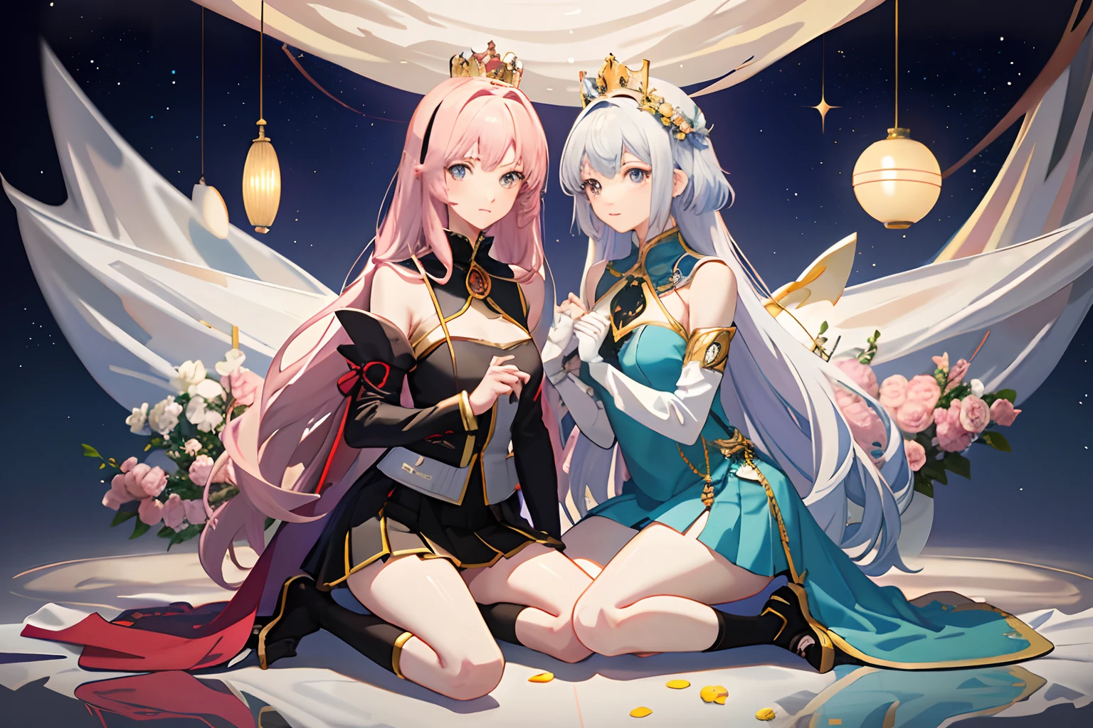 Two anime characters sitting on the ground,Stick together in an ambiguous pose,With flowers as a background, two beautiful anime girls, Wearing short skirts, queen and ruler of the universe, The Flower Prince is crowned king, The king recited hymns to the princess, Anime kangaroo, High-quality fan art, zero zen art, 80s anime style with 14% influencer, Destiny anime style/stay night, overnight with, 4k manga wallpapers, Anime Pictures.