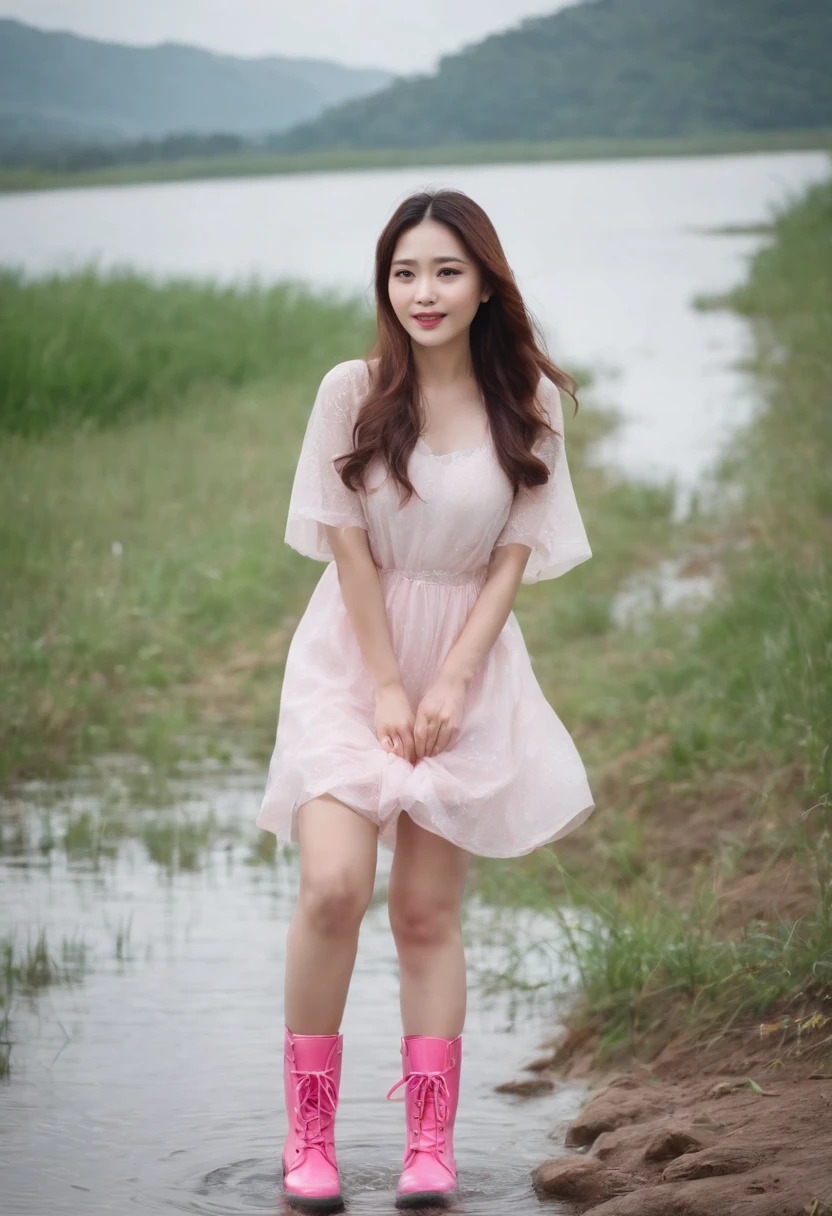 An Asian beautiful woman in pink latex shiny rain boots stepping on water playing in the river,Part of the rain boots close-up,Get wet,Short white dress,Clear river water,There are pebbles in the water,Happy expression,Laughed,with blue sky and white clouds,light and shadow effect,High-precision details,Full body photo,Authentic photo texture,The picture is clear,9 head body proportions