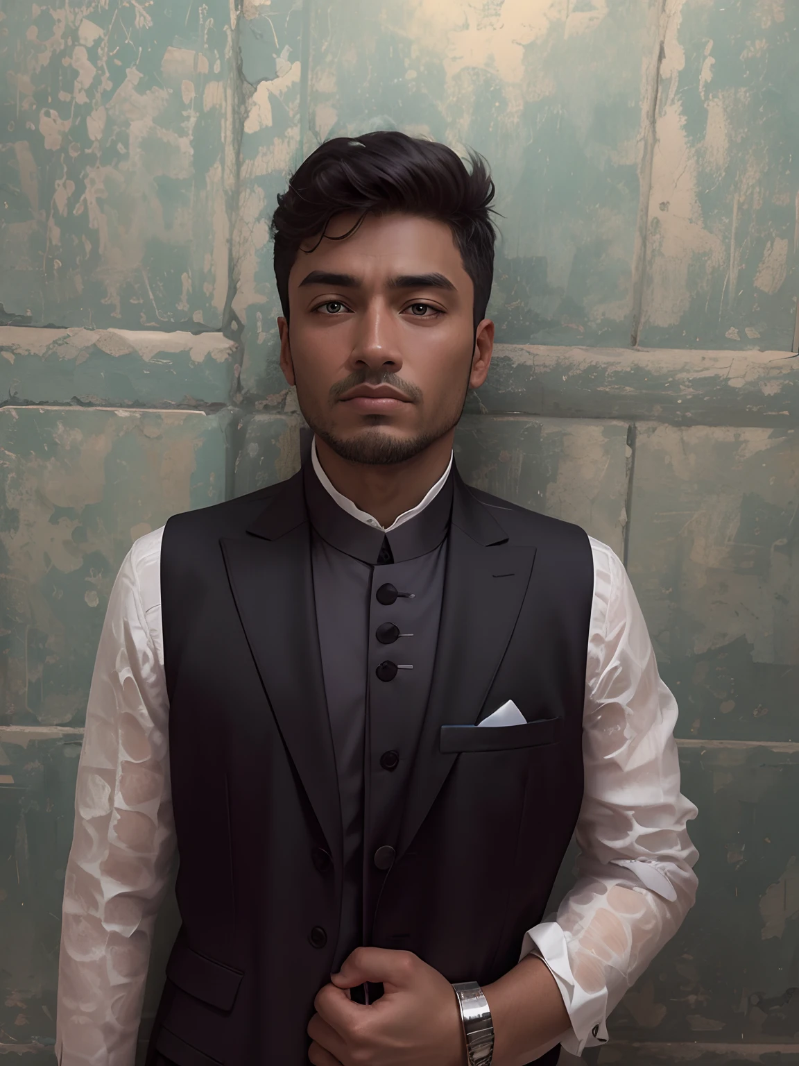 "Image of a rich man in a suit ,change background, original body colour"