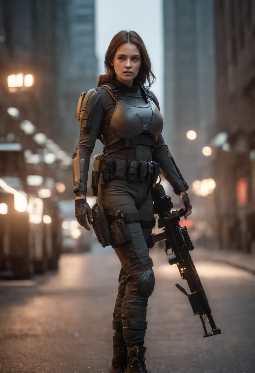 Masterpiece,(best qualtiy),highly  detailed,Ultra-detailed,1 mechanical female soldier, solo person, full bodyesbian，（Machine-made joints：1.5），(tactical gear:1.2), (Blue eyes), (Serious expression), (Gun:1.5), (during night:0.7), (urban surroundings), (Dynamic pose), (glowing neon lights:0.9), (smoke effect:0.6), depth of fields， Maximum clarity and sharpness， Many-Layer Textures， Albedo e mapas Speculares，Surface coloring，Accurately simulate photo-material interactions，perfectly proportions，rendering by octane，twotonelighting，largeaperture，Low ISO，White balance，trichotomy，8K raw data，High-Efficiency Sub-Pixel，sub-pixel convolution