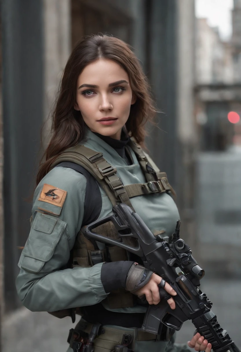 Masterpiece,(best qualtiy),highly  detailed,Ultra-detailed,1 mechanical female soldier, solo person, full bodyesbian，（Machine-made joints：1.5），(tactical gear:1.2), (Blue eyes), (Serious expression), (Gun:1.5), (during night:0.7), (urban surroundings), (Dynamic pose), (glowing neon lights:0.9), (smoke effect:0.6), depth of fields， Maximum clarity and sharpness， Many-Layer Textures， Albedo e mapas Speculares，Surface coloring，Accurately simulate photo-material interactions，perfectly proportions，rendering by octane，twotonelighting，largeaperture，Low ISO，White balance，trichotomy，8K raw data，High-Efficiency Sub-Pixel，sub-pixel convolution