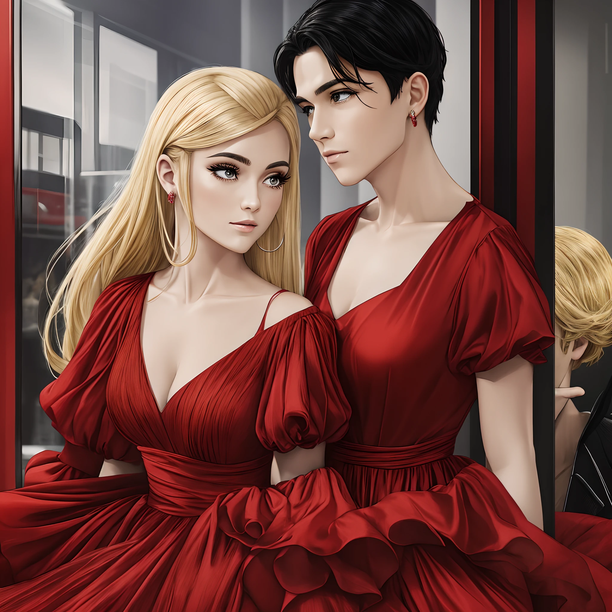 A man with black hair and a blonde woman dressed in a red dress --auto --s2
