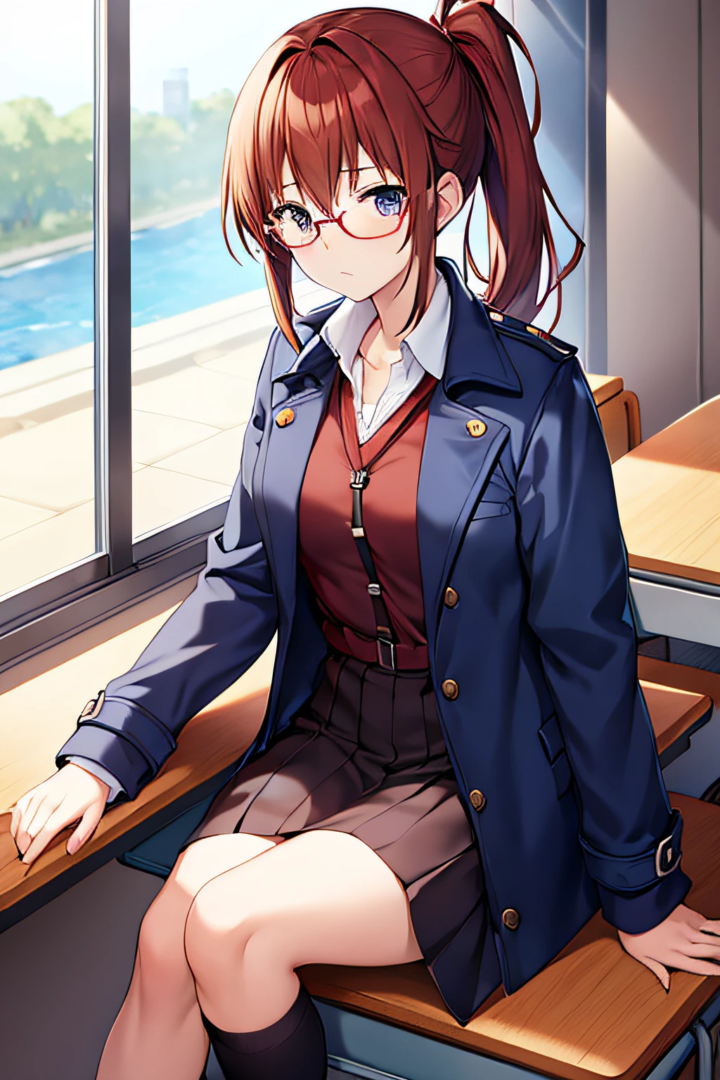 anime character playing on the cellphone wearing a navyblue trenchcoat, reddish brown ponytail hair wellington glasses, sitting on a table in a corner of the classroom