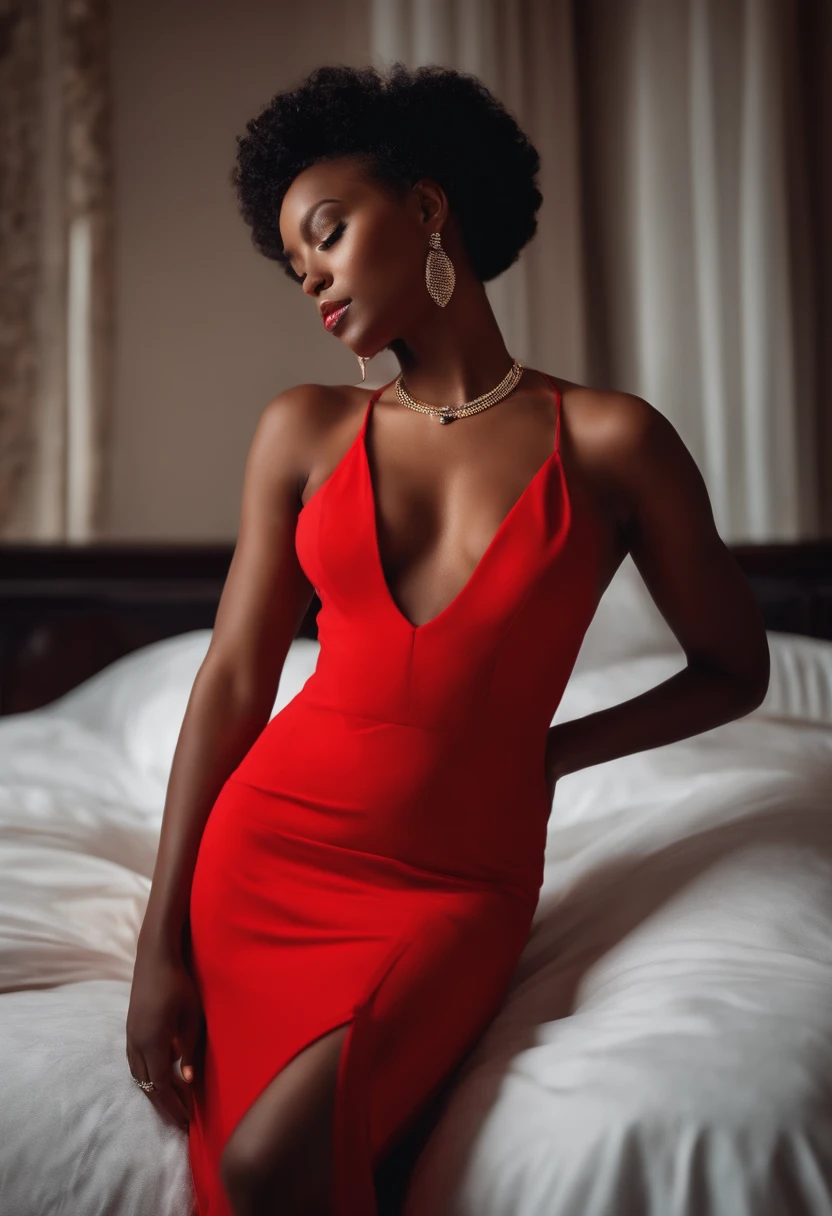 young black woman wearing tight red dress, hyper realistic, lying down on bed, face up. sexy