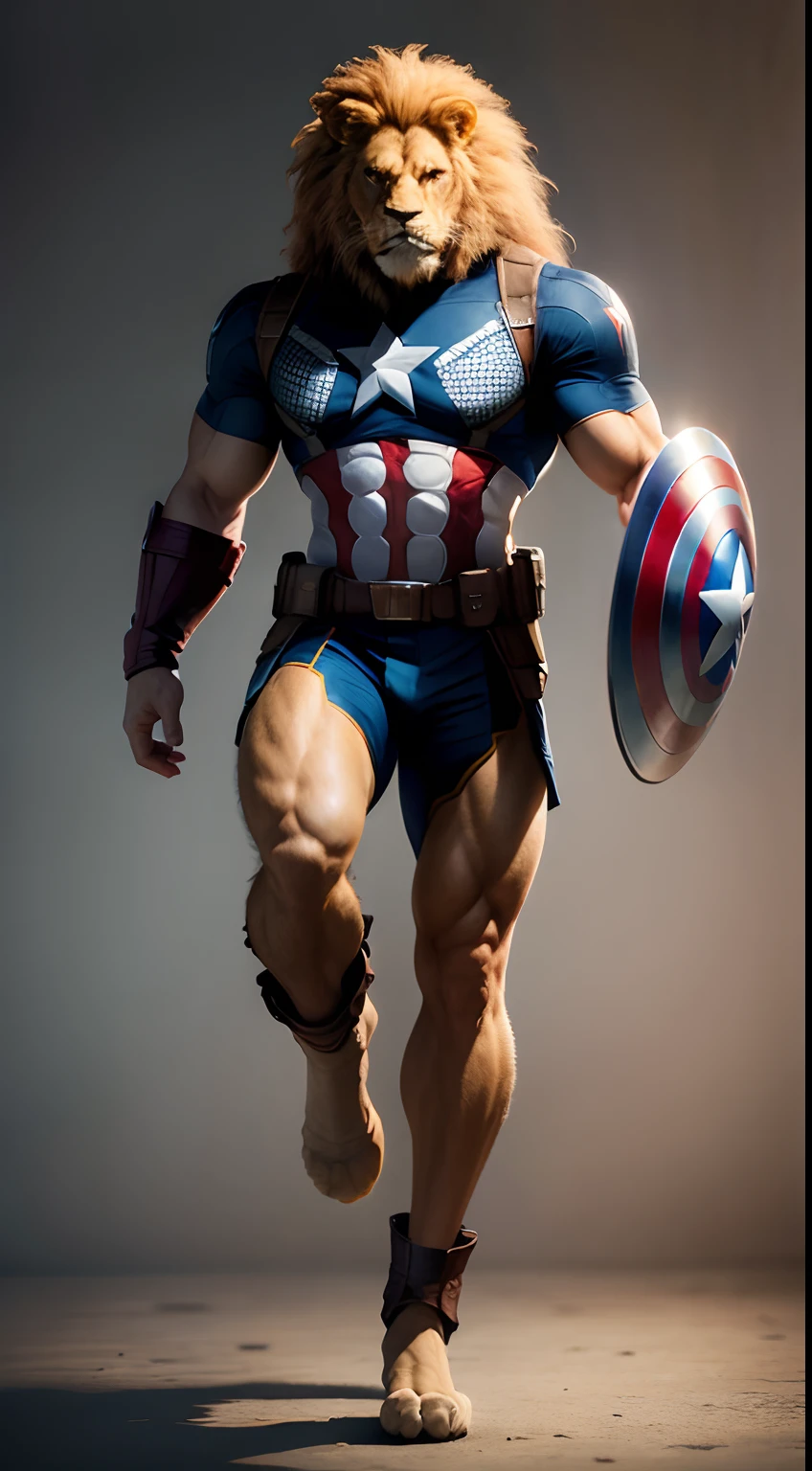 Full body potrait, a humanoid lion-captain america, male, have a tail, have a claws, foot like a lion foot, profesional photo shoot, high detailed, ultra hd image, realistic