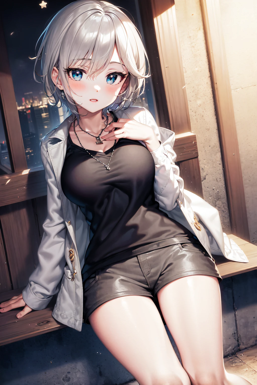 masterpiece, best quality, highres, 1girl, solo, anastasia (idolmaster), idolmaster cinderella girls, blue eyes, shorts, short hair, grey hair, jacket, looking at viewer, shirt, short shorts, cowboy shot, blush, denim jacket, shoes, large breasts,