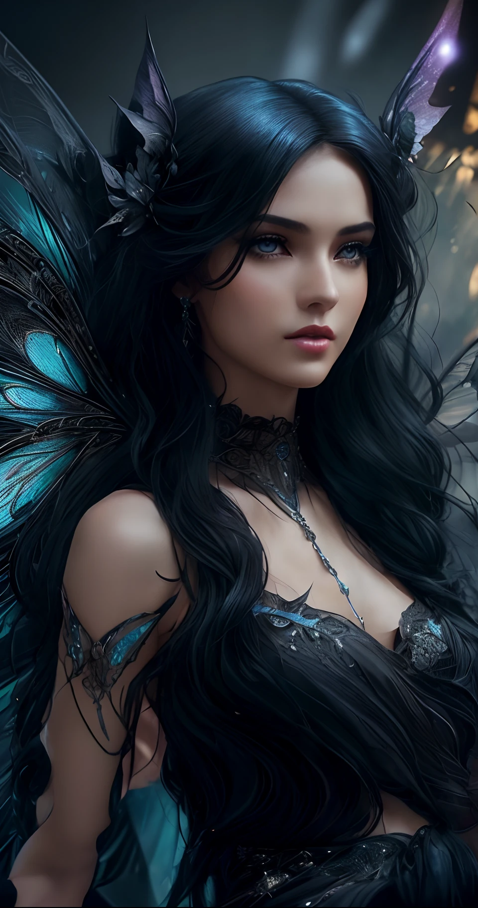 Incredibly hyper-detailed and intricately realistic, ((((full body shot)))), full in screen, RPG fairy, a fairy looking straight at the screen, beautiful fairy with dark wings like silk, in a beautiful dark black dress, long black hair, black color, cinematic ambiance, cinematic lights, beautiful woman, fairy supermodel like, (supermodel in the 20s), realistic face, beautiful black eyes, realistic eyes, skinny body, fit body of a supermodel in the 20s, entire body, ((((full body in screen)))), (long skinny legs like a supermodel), fit body, (centered in the screen),