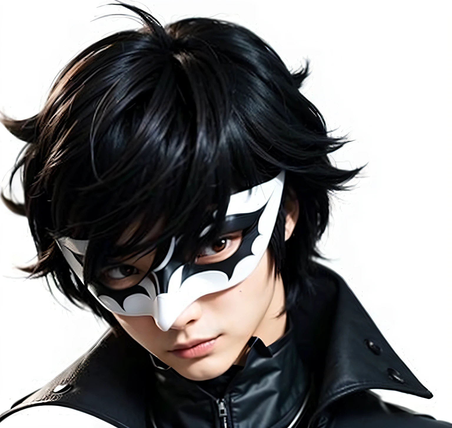 Create a male character, with black hood, with black paper over the eyes, light brown skin color, blue background, anime styling