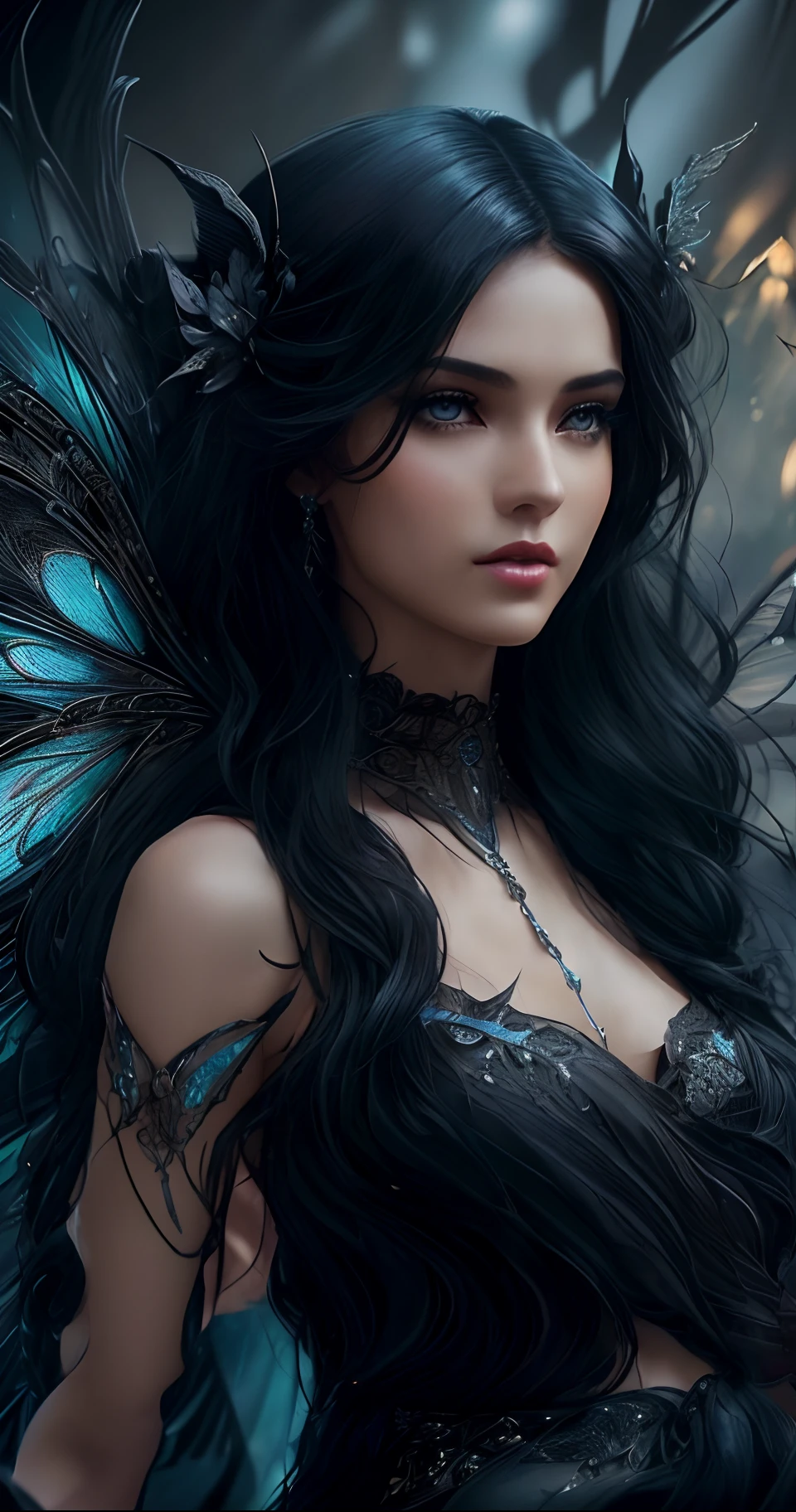 Incredibly hyper-detailed and intricately realistic, ((((full body shot)))), full in screen, RPG fairy, a fairy looking straight at the screen, beautiful fairy with dark wings like silk, in a beautiful dark black dress, long black hair, black color, cinematic ambiance, cinematic lights, beautiful woman, fairy supermodel like, (supermodel in the 20s), realistic face, beautiful black eyes, realistic eyes, skinny body, fit body of a supermodel in the 20s, entire body, ((((full body in screen)))), (long skinny legs like a supermodel), fit body, (centered in the screen),