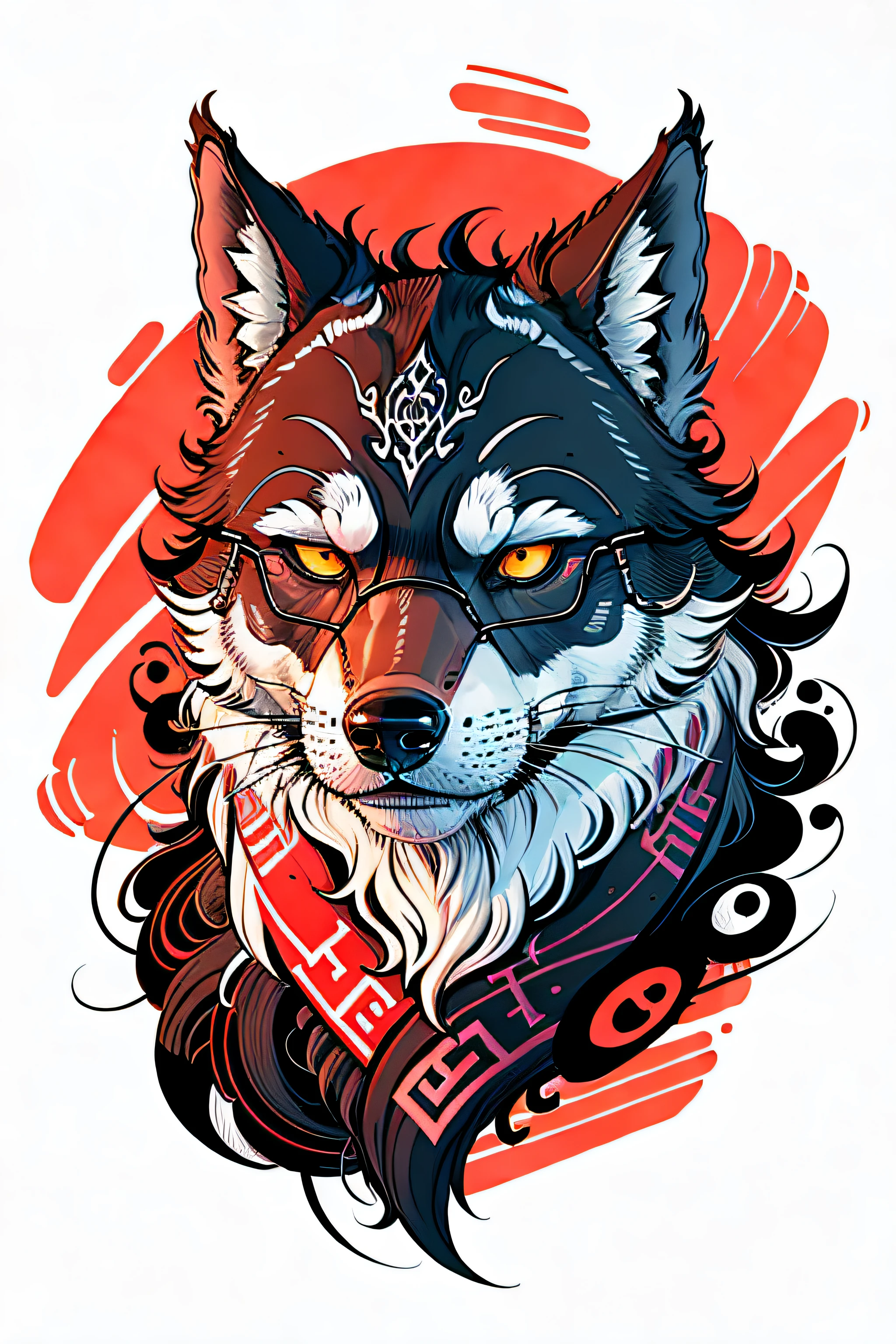 Graphic art t-shirt design, cool wolf with glasses, vector art, clean background, digital painting, 8k