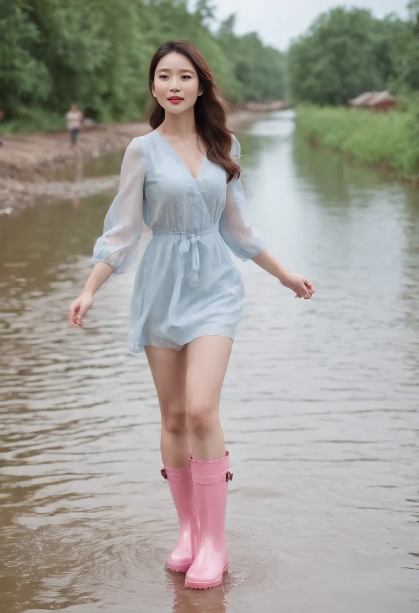 Close up of an Asian beautiful woman wearing pink latex shiny rain boots,Get wet,Short white dress,Laughed,The background is a light-colored interior,light and shadow effect,High-precision details,Full body photo,Authentic photo texture,The picture is clear,