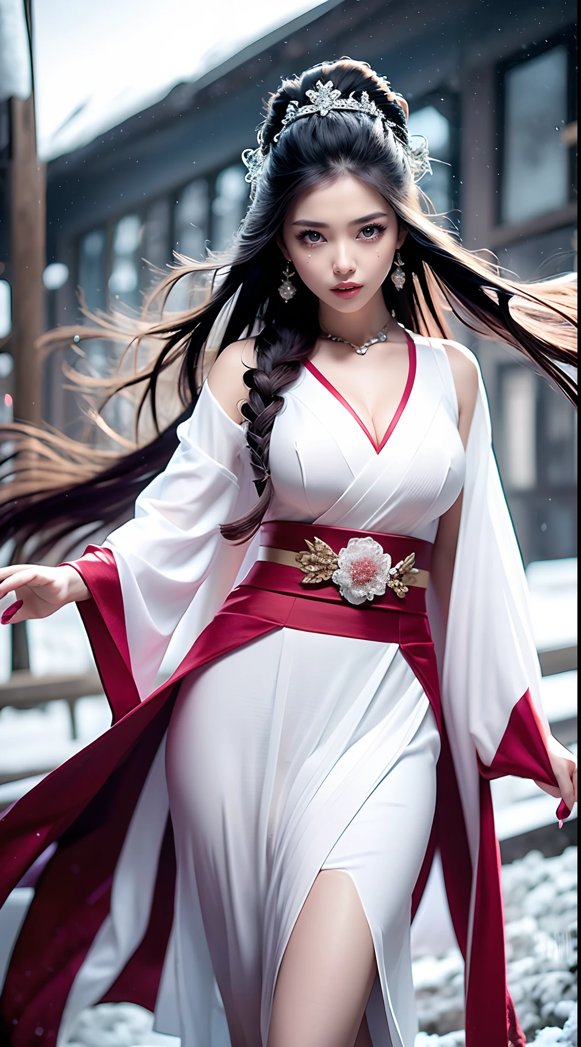 Beautiful detailed woman,very detailed eyes and faces, A detailed eye, ultra - detailed, A high resolution, The is very detailed,best qualtiy,illustratio,unified,8k 壁纸,tmasterpiece,best qualtiy,1girll, ChineseGirl，Chinese looks，full bodyesbian，flowing robe，Super beautiful face, super beautiful eye,Flowing hair， Shawl hair，Simple hair accessories，full bodyesbian，Plain white dress，long yarn，Beautiful picture，snowy day，snowfield，clubs，See plum blossoms in the snow，enjoying，gentleness，Casual pose