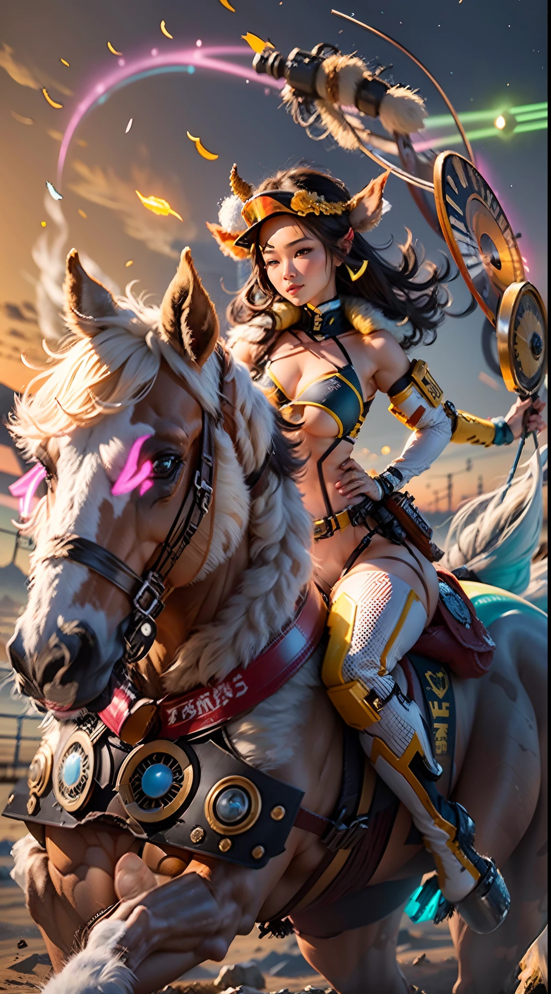 In a very grand scene，The extra-large wide-angle lens captures the appearance of a female centaur。She is tall，It has the ultimate curvy beauty，The muscles are slender and firm，Beautiful lines。Her facial features are tough and coquettish，Always with a sunny smile。She wears special tight-fitting equipment with a strong sense of technology，Step on multifunctional off-road style heels，Delicate and practical protective gear is worn on the hands, feet, wrists, neck and shoulders。The detection equipment around you flashes various cue lights and neon-like information screens，Let her exude a charming brilliance。Use Midjourney's advanced tools，Design special tight-fitting equipment for female centaurs，Highlight her unique physiological characteristics and appearance details，Add realism。And in her adventure scene，Spectacular views of nature，Such as the sky where storms and sunny days alternate、Brilliant rivers of stars and auroras、The snow-capped summit of Mount Everest、Fireworks in the mountain town, etc。ao mesmo tempo，Away from the hustle and bustle of Long Beach Pier is a neon-lit spaceship docked，Create a fantastic scene。Use Midjourney's advanced tools and multiple color palettes、Brush Strokes、Texture tools and model packages，It shows a sense of atmosphere where beauty and charm coexist。The charm of the female centaur is highlighted through color and lines，Enhance realism with detailing，Create a surreal dreamy feeling。Additionally，Use Midjourney's tools to add a variety of extreme sports gear and cultural trinkets to the female centaur，Create intricate hairstyles and outfits，Give her a sense of premium。She never flinches，Regardless of the terrain，can respond quickly，Even the extreme geography and dangerous terrain of aliens cannot stop her。Use Midjourney's powerful tools，You can do it with incredible detail and beauty，Bring this ultra-grand and beautiful scene to life。Ultra-grand scenes，super wide shot， hdr，（真实感，Masterpiece quality，best qualtiy），