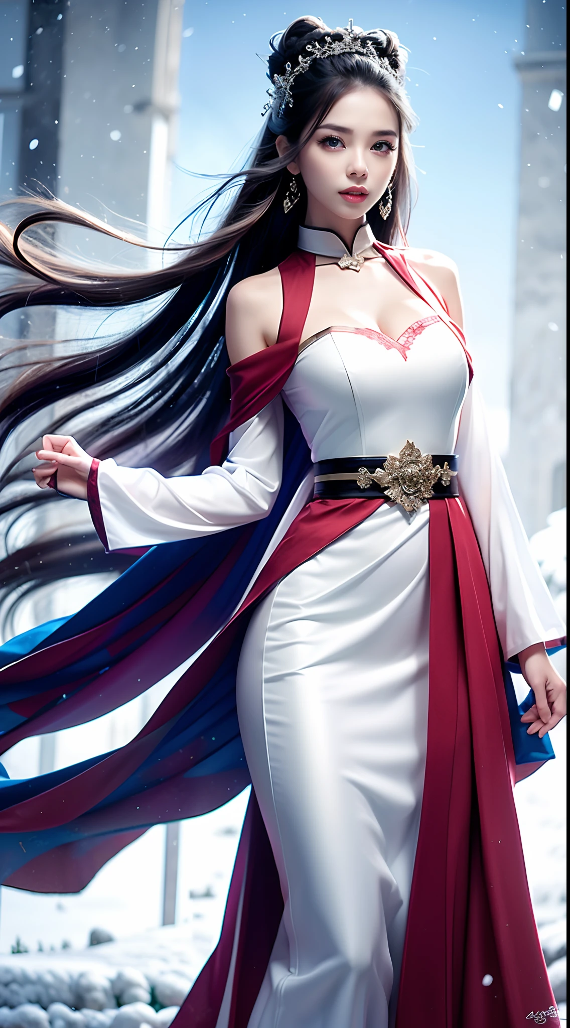 Beautiful detailed woman,very detailed eyes and faces, A detailed eye, ultra - detailed, A high resolution, The is very detailed,best qualtiy,illustratio,unified,8k 壁纸,tmasterpiece,best qualtiy,1girll, ChineseGirl,Chinese looks,full bodyesbian,flowing robe,Super beautiful face, super beautiful eye,Flowing hair, Shawl hair,Simple hair accessories,full bodyesbian,Plain white dress,long yarn,Beautiful picture,snowy day,snowfield,clubs,See plum blossoms in the snow,enjoying,gentleness,Casual pose