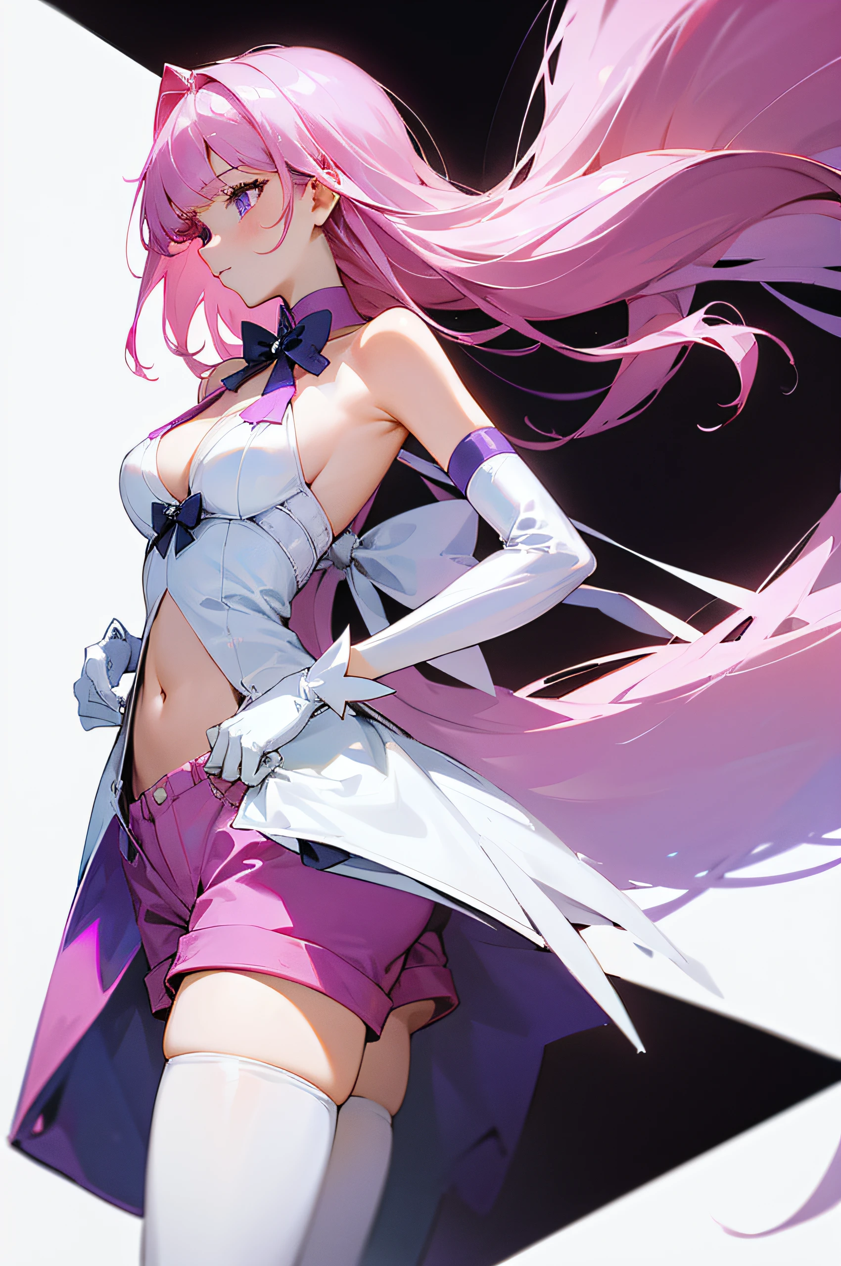 masterpiece, best quality,1girl, simple background, (white background:1.5), multiple views,
thighhighs, gloves, bow-shaped hair, bare shoulders, shorts, navel, cleavage, long hair, bow, pink hair, bangs, purple eyes,