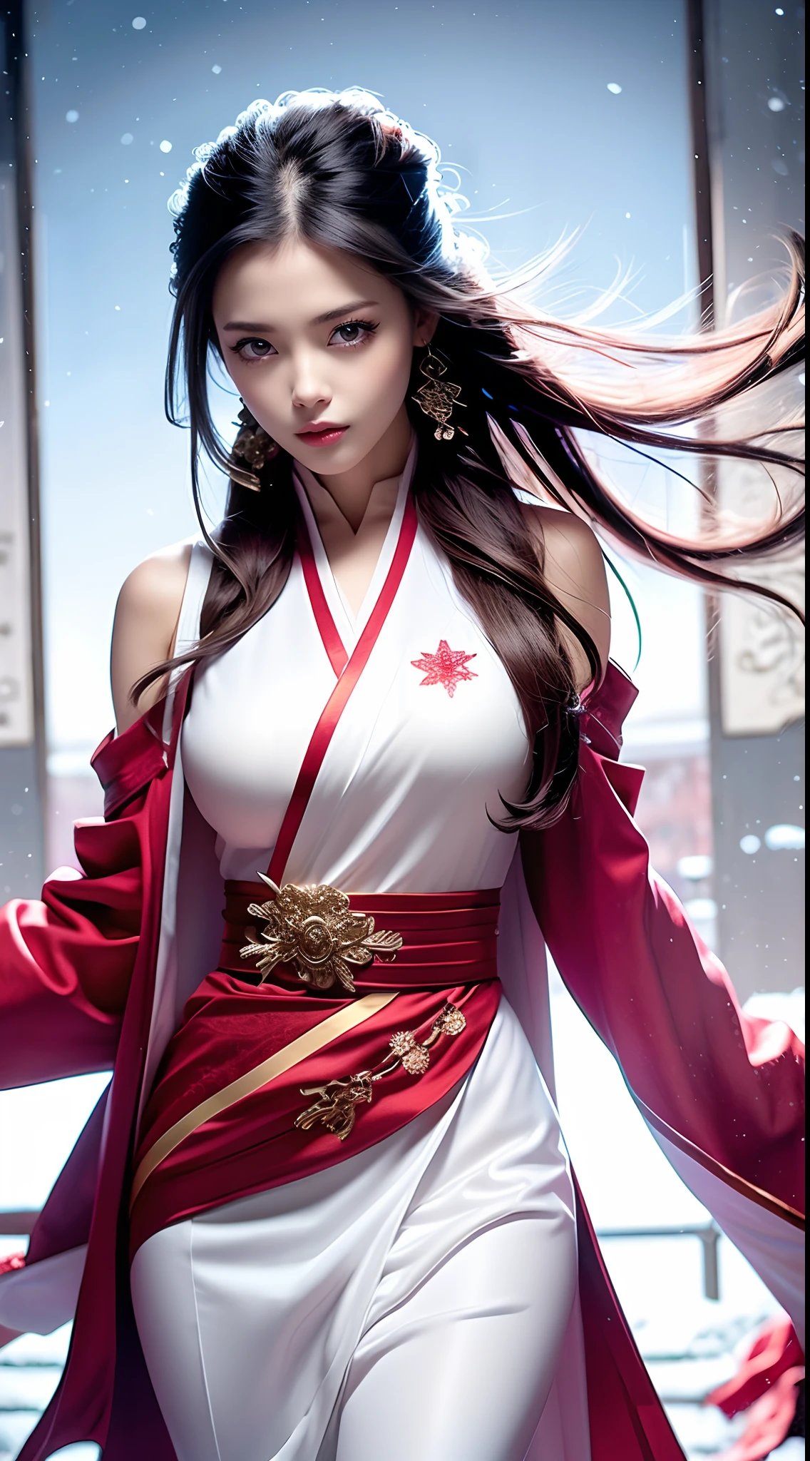 Beautiful detailed woman,very detailed eyes and faces, A detailed eye, ultra - detailed, A high resolution, The is very detailed,best qualtiy,illustratio,unified,8k 壁纸,tmasterpiece,best qualtiy,1girll, ChineseGirl，Chinese looks，full bodyesbian，flowing robe，Super beautiful face, super beautiful eye,Flowing hair， Shawl hair，Simple hair accessories，full bodyesbian，Plain white dress，long yarn，Beautiful picture，snowy day，snowfield，clubs，See plum blossoms in the snow，enjoying，gentleness，Casual pose