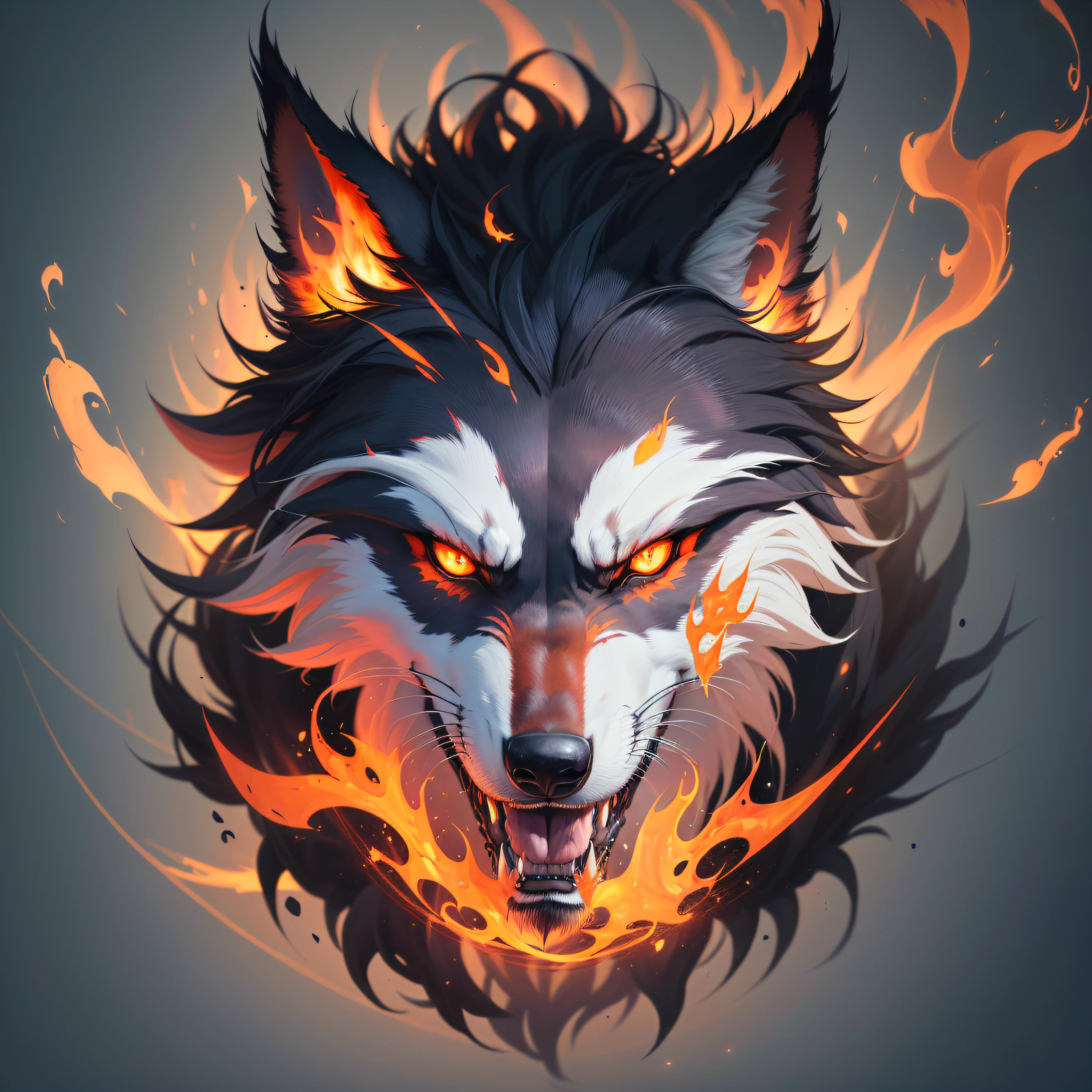 There is a wolf with fire in the face and eyes, fantasy wolf portrait, alpha wolf head, anthro wolf face, wolf in hell, wolf head, fenrir, wolf portrait, painted in arcane style, portrait of a wolf head, anthropomorphic wolf, symmetry!! Portrait of Hades, an anthropomorphic wolf, commissioned for high resolution realistic fire