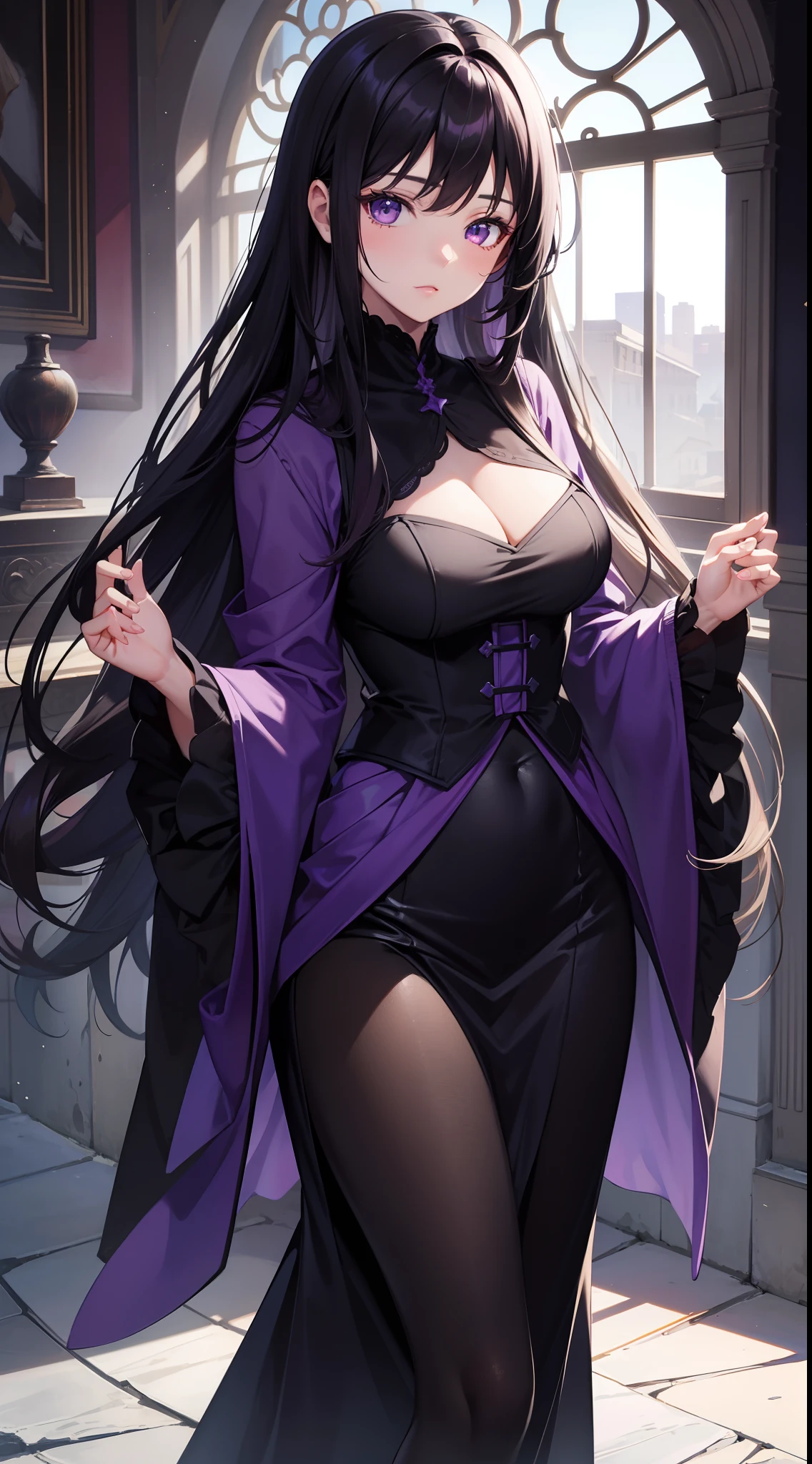 young girl, long dark purple or black hair, violet eyes, Black Rich Closed Clothing, Masterpiece, hiquality, high detail, HD, 4k