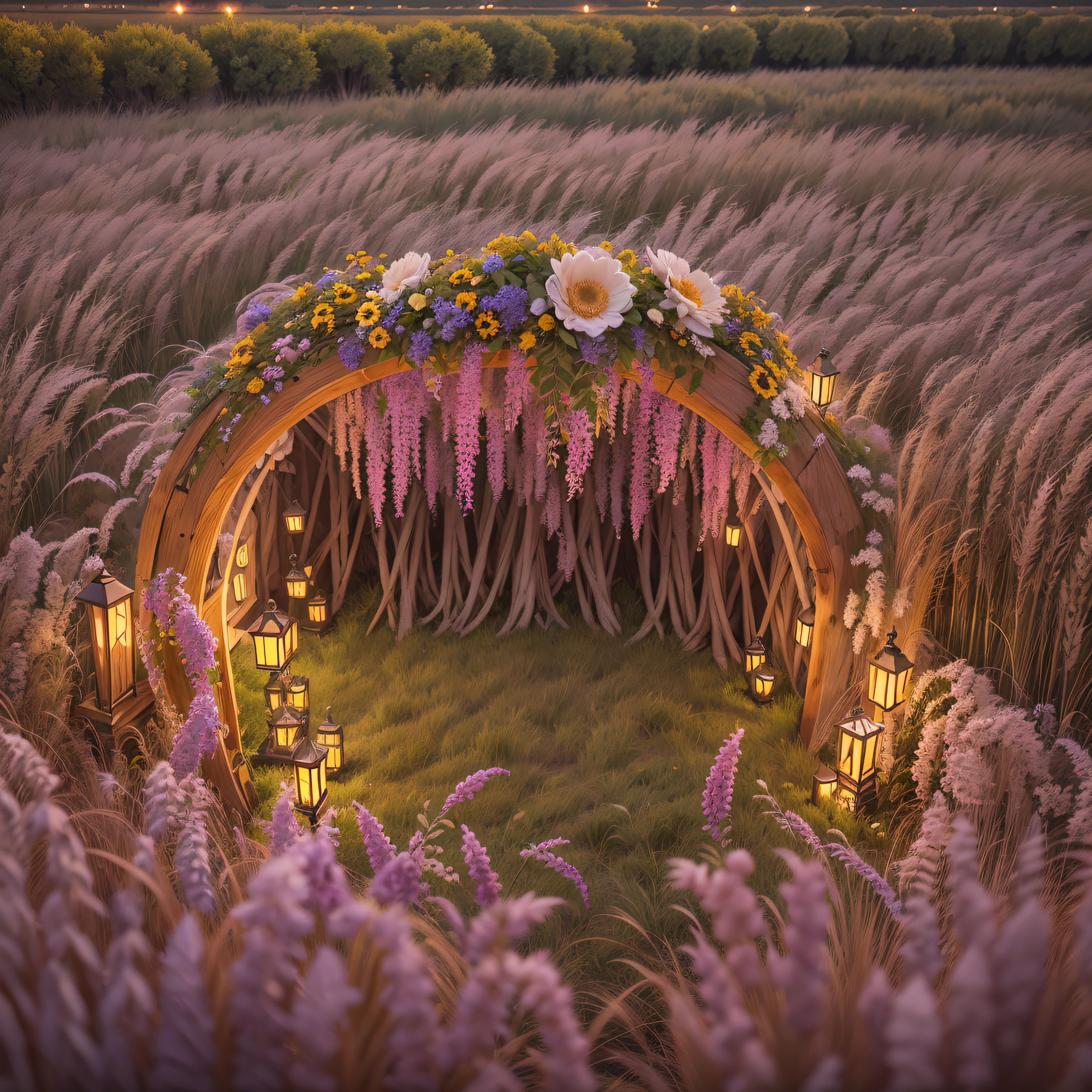 Huge aesthetic ethnic arc made of wooden sticks dry flowers and wheat decorated with light garland in the evening field high realistic photo