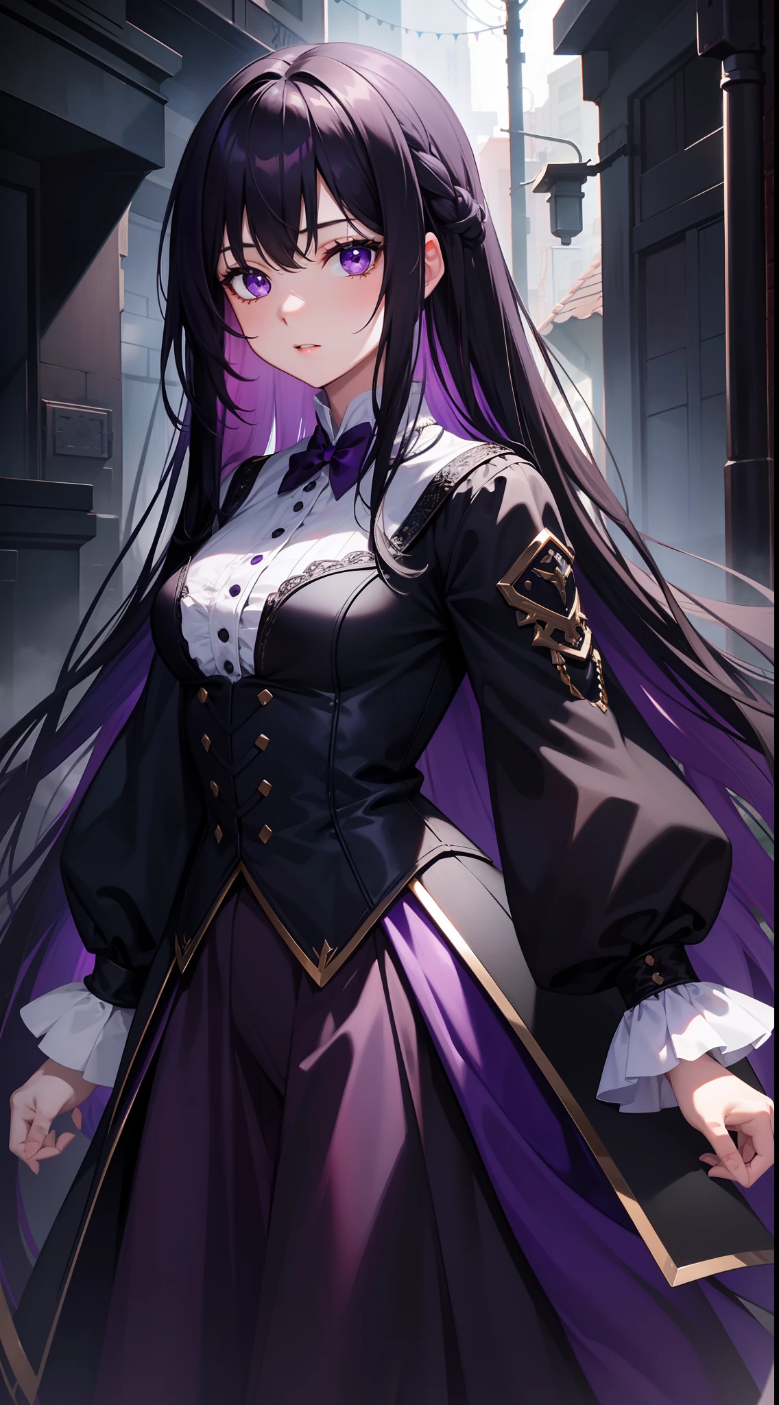 masterpiece, best quality, highly detailed, 1girl, solo, giclorinde, purple eyes, large breasts, hair between eyes, long hair, dark blue hair, earrings, black skirt, miniskirt, pantyhose, purple ascot, purple capelet, black corset, black pantyhose, black skirt, white gloves, , hat, tricorne,