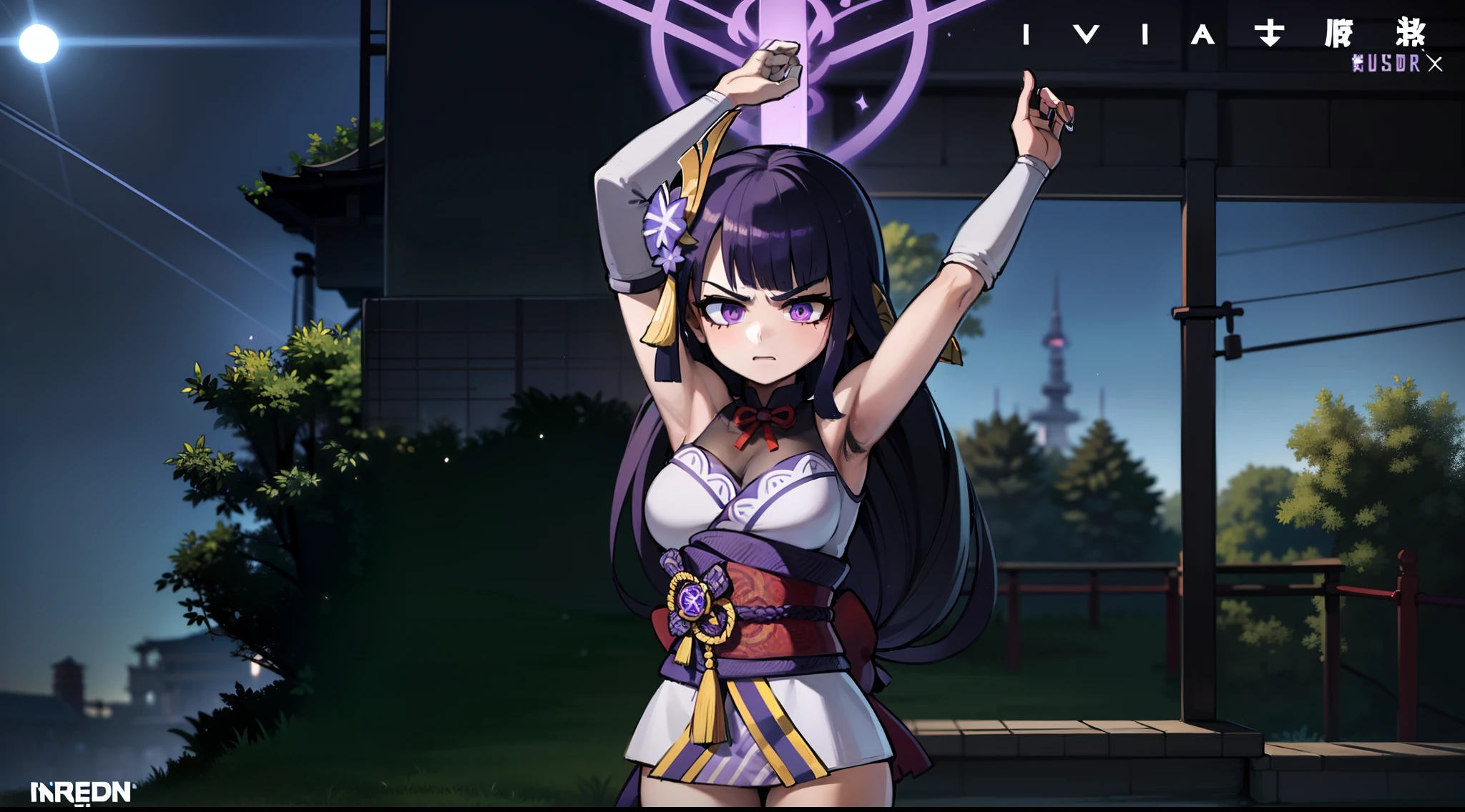 (masterpiece, best quality),1girl, raidenshogundef, raidenshogunrnd, arms up, glowing eye, purple lightning, standing, full body, 1girl, official, purple eyes, long hair, best quality, ultra detailed, solo, love in eyes, angry, blushing, perfect anatomy