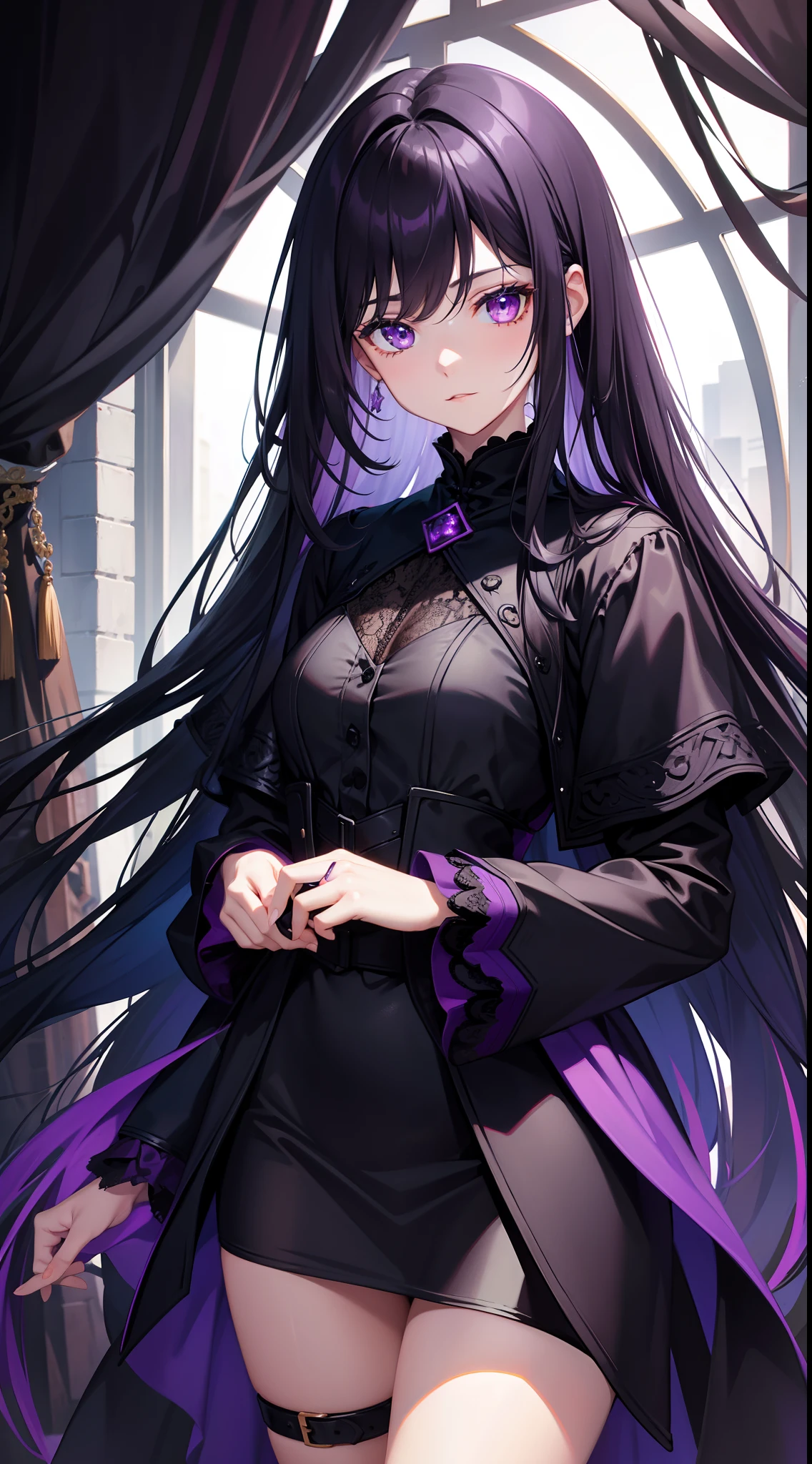 young girl, long dark purple or black hair, violet eyes, Black Rich Closed Clothing, Masterpiece, hiquality, high detail, HD, 4k