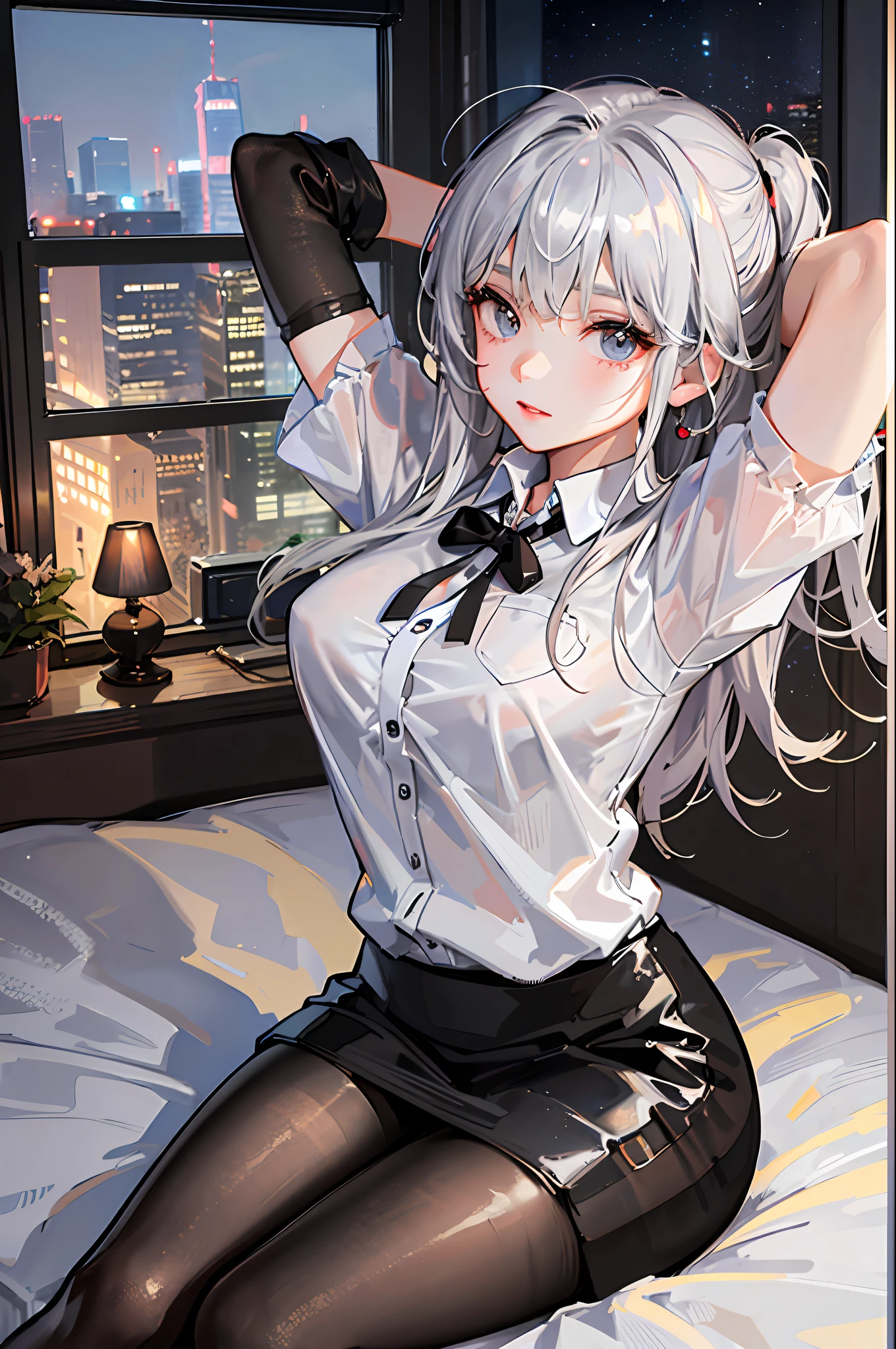 (((1 girl)),ray tracing,(dim lighting),[detailed background (bedroom)),((silver hair)),((silver hair)),(Fluffy silver hair, plump and slender girl))) with high ponytail))) Avoid golden eyes in the ominous bedroom ((((Girl wears a white shirt, black wrinkled skirt with black transparent pantyhose), showing a delicate slim figure and graceful curves, correct limbs, sitting on the bed with hands behind her head, Put both hands behind your head