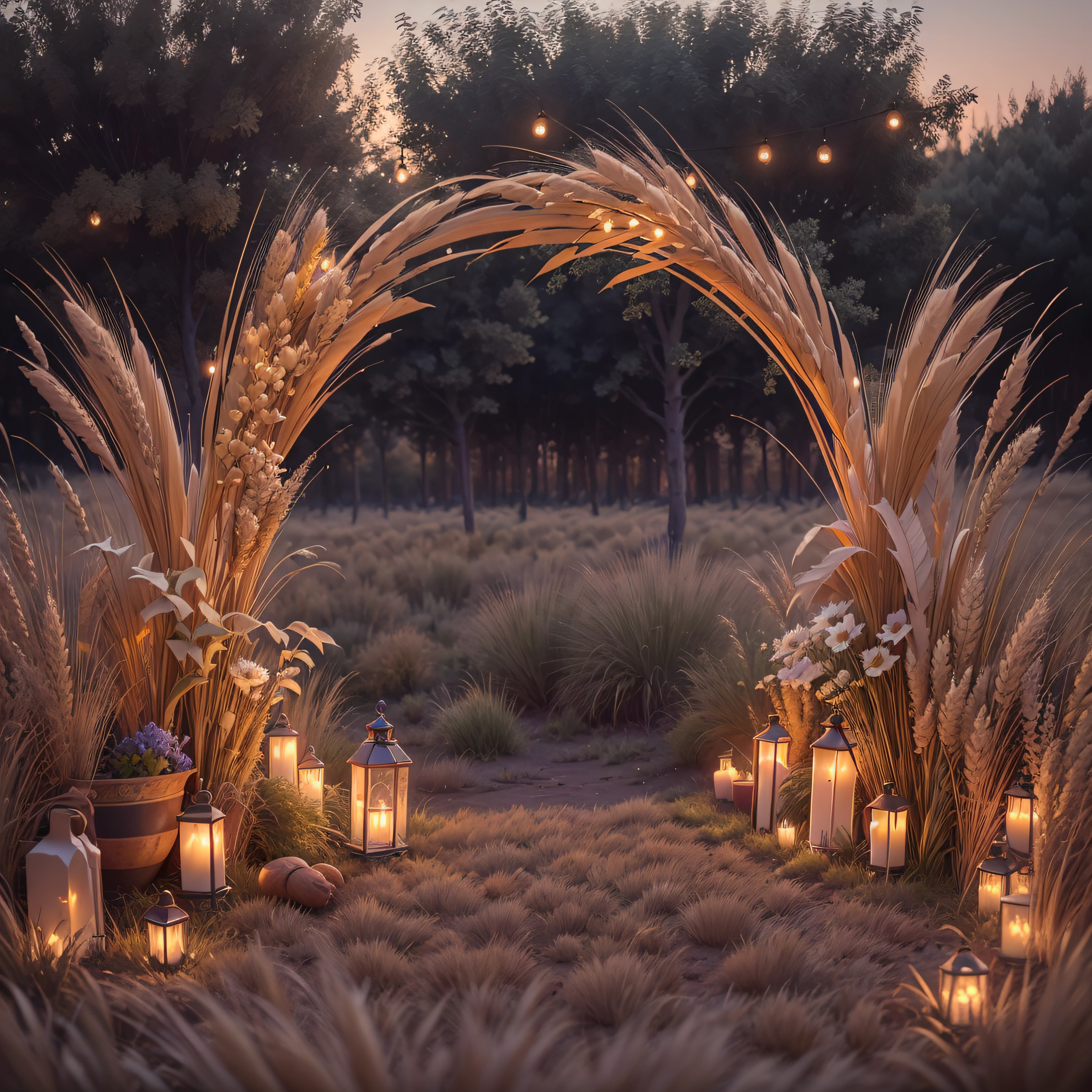 Huge aesthetic ethnic arc made of wooden sticks dry flowers and wheat decorated with light garland in the evening field high realistic photo