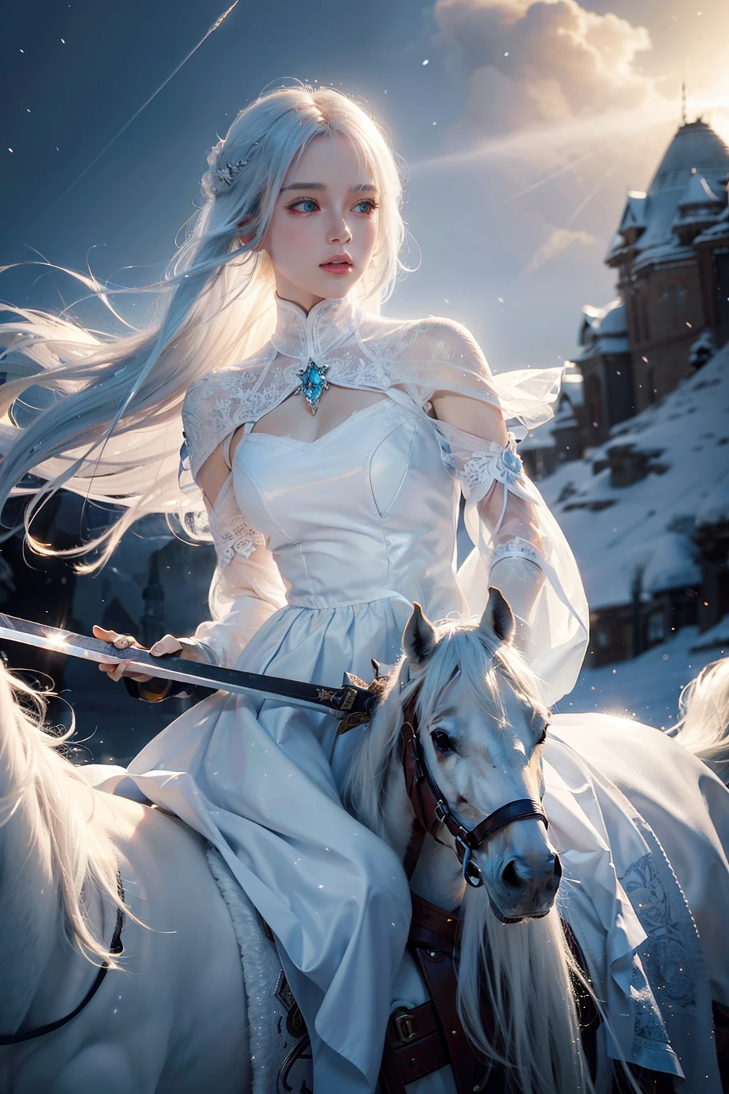beautiful, young woman, in the crystal and ice area, fluttering snow, horse riding, a white hourse, bring one sword (weapon),  gradient hair, white hair, blue hair, long hair, eye reflection, disdain, ray tracing, reflection light, blurry, glowing light, depth of field, chiaroscuro, stereogram, zoom layer, cowboy shot, f/2.8, bokeh, masterpiece, best quality, high quality, HD