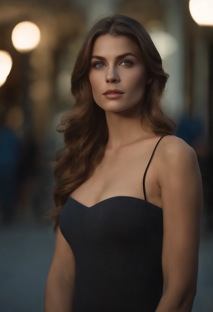 jeune Femme magnifique avec de longs cheveux brun regardant l'objectif en face, Detailed seductive blue-gray eyes, longues jambes sexy, in the parking lot of a shopping mall, ((Detailed facial features)), (finely detailed skin), pale skinned, realistic skin texture, extreme skin details, (Pores:0.1), best quality masterpiece, photoreallistic, Hyperrealistic, Detailed, 8k, Hdr, (Couleur douce: 1.2), faible profondeur de champ, broad light, high contrast, contre-jour, fleurir, light sparkles, aberration chromatique, mise au point nette, Photo couleur RAW, without background blur, gros seins