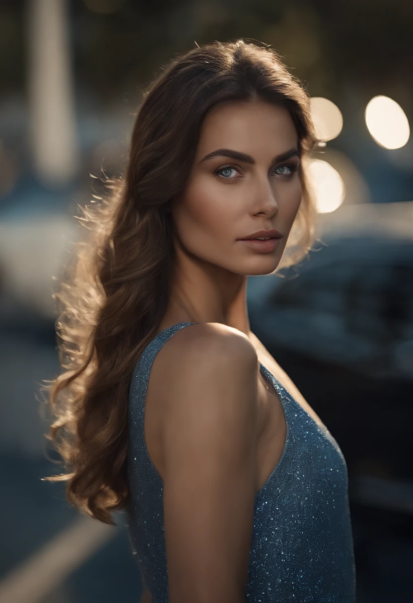 jeune Femme magnifique avec de longs cheveux brun regardant l'objectif en face, Detailed seductive blue-gray eyes, longues jambes sexy, in the parking lot of a shopping mall, ((Detailed facial features)), (finely detailed skin), pale skinned, realistic skin texture, extreme skin details, (Pores:0.1), best quality masterpiece, photoreallistic, Hyperrealistic, Detailed, 8k, Hdr, (Couleur douce: 1.2), faible profondeur de champ, broad light, high contrast, contre-jour, fleurir, light sparkles, aberration chromatique, mise au point nette, Photo couleur RAW, without background blur, gros seins