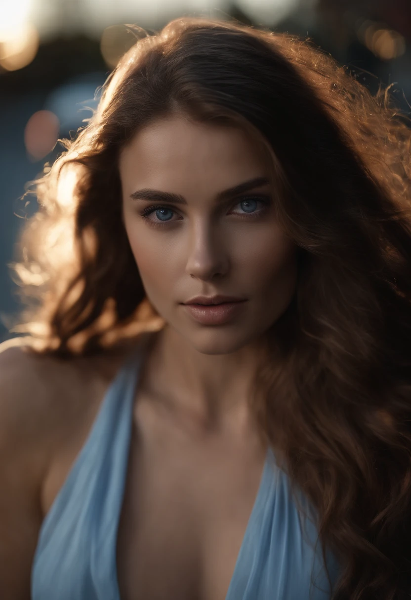 jeune Femme magnifique avec de longs cheveux brun regardant l'objectif en face, Detailed seductive blue-gray eyes, longues jambes sexy, in the parking lot of a shopping mall, ((Detailed facial features)), (finely detailed skin), pale skinned, realistic skin texture, extreme skin details, (Pores:0.1), best quality masterpiece, photoreallistic, Hyperrealistic, Detailed, 8k, Hdr, (Couleur douce: 1.2), faible profondeur de champ, broad light, high contrast, contre-jour, fleurir, light sparkles, aberration chromatique, mise au point nette, Photo couleur RAW, without background blur, gros seins