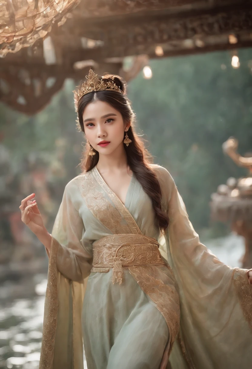 Lazy girl,Robes,tiara crown,Water-based clothing,Dragon robe,Chinese costumes,tmasterpiece,Highest image quality,The most exquisite artistic paintings,8K,Crystal shoes,Crystal necklace,Crystal jewelry,Daryl,trends in art station,Pisif,Selected,cinematic compositions,dramatic pose,beautiful light up,Sharp,the detail,ultra - detailed,k hd