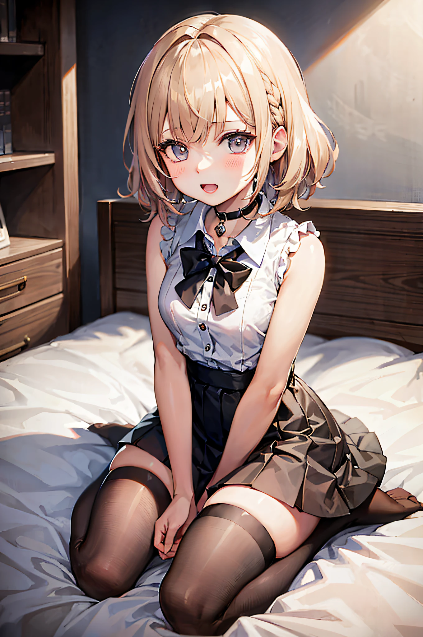 Anime - style image of woman sitting on bed in room, loli in dress, surreal schoolgirl, seductive anime girl, surreal schoolgirl, small curve loli, cute girl anime visual, cute anime girl, young anime girl, realistic schoolgirl, fine details. Girls Frontline