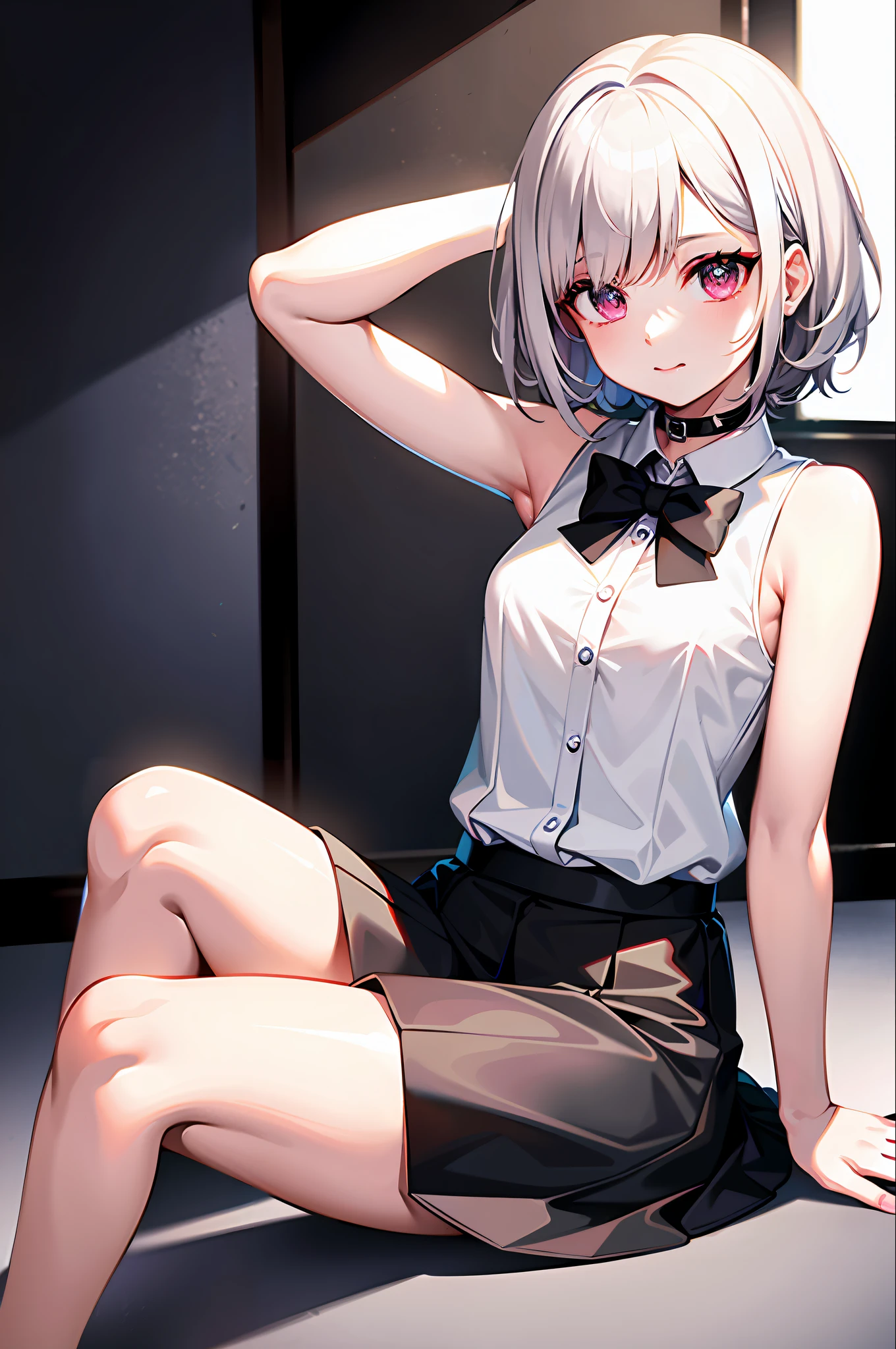 best quality, ultra high res, 1girl, sleeveless white button shirt, black skirt, black choker, cute, (Kpop idol), (aegyo sal:1), (platinum blonde hair:1), ((puffy eyes)), looking at viewer, full body, facing front
