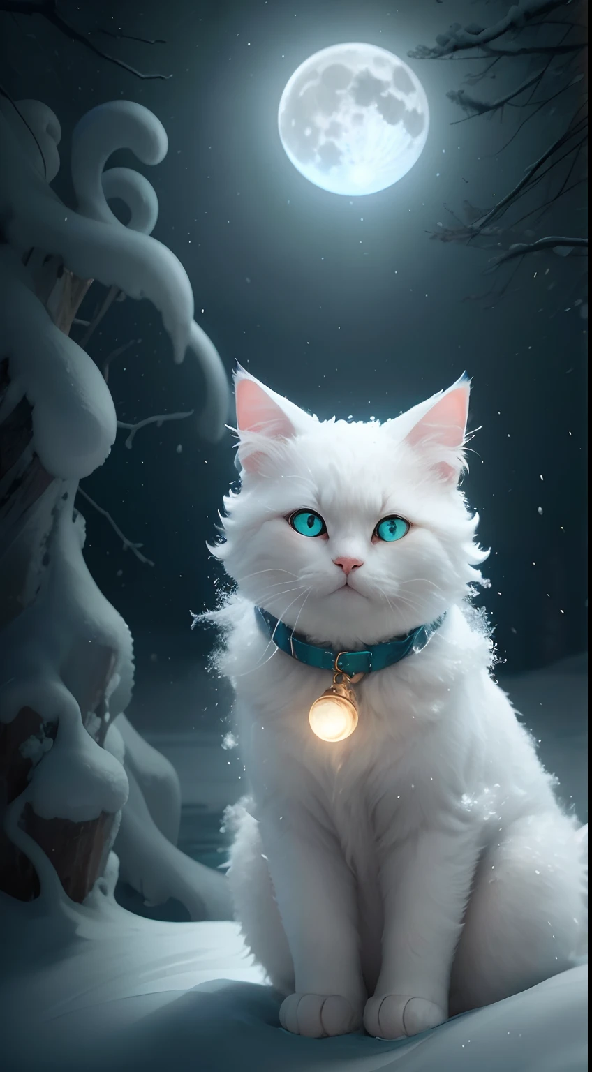 A extremally cute white frosty cat with curly white mustache and goatee , blue-green mother of pearl eyes, deep in the frosty snow of winter , blowing snow, snowy haze, a full moon, a deep river, and a mysterious image. It's night but it's bright. frosty looking cat, gorgeous beautiful eyes 24k photorealistic extreme depth of color in eyes and collar.