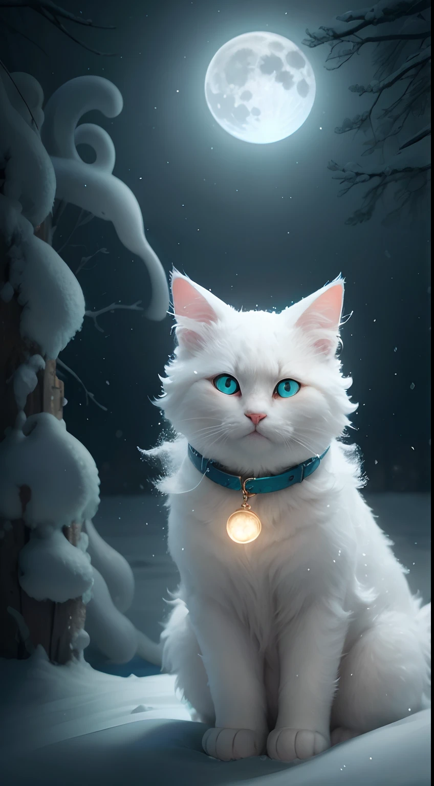 A extremally cute white frosty cat with curly white mustache and goatee , blue-green mother of pearl eyes, deep in the frosty snow of winter , blowing snow, snowy haze, a full moon, a deep river, and a mysterious image. It's night but it's bright. frosty looking cat, gorgeous beautiful eyes 24k photorealistic extreme depth of color in eyes and collar.