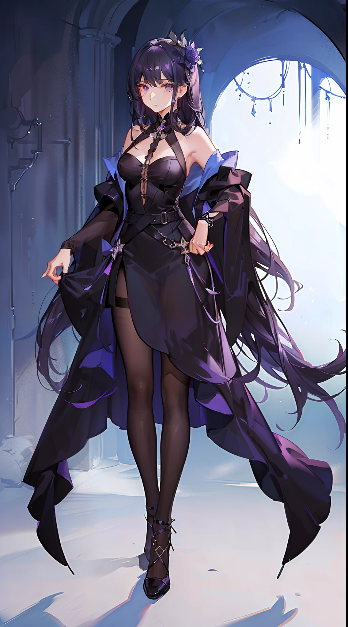 Purple colored hair，face expressionless，Silver eyes，gentleness，The feeling of childhood sweethearts，huge tit，blacksilk，high qulity，higher details，The sense of sacredness