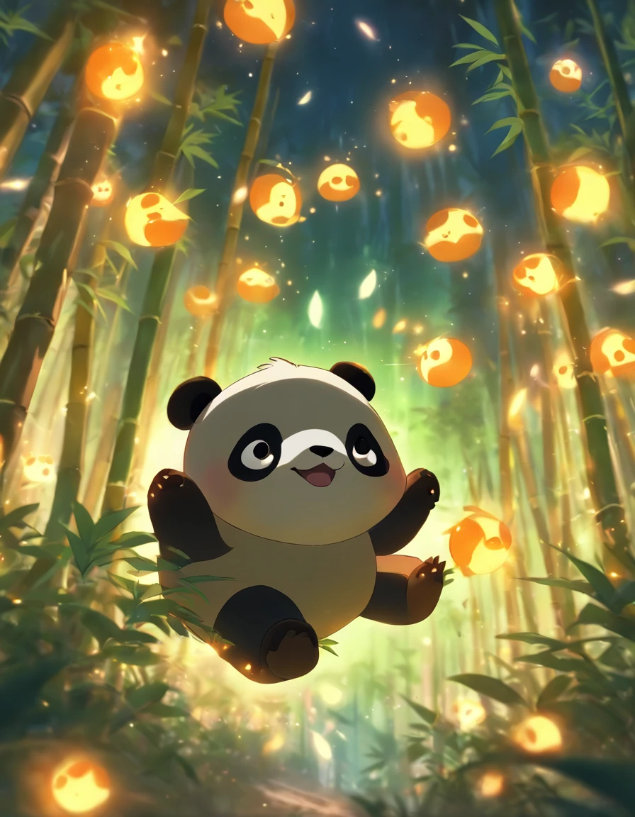 KIDS ILLUSTRATION，Silent night, Quiet bamboo forest, Bamboo leaves fall in the wind,Cute and cute giant panda，fatty， Full moon in the sky, fireflies flying，（（oc rendered））