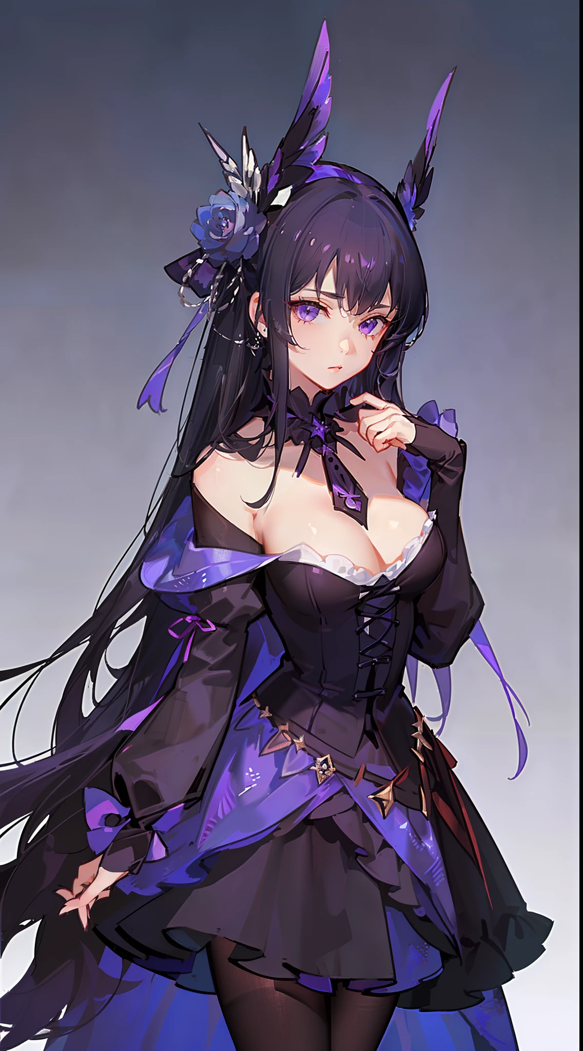 young girl, long dark purple or black hair, violet eyes, Black Rich Closed Clothing, Masterpiece, hiquality, high detail, HD, 4k