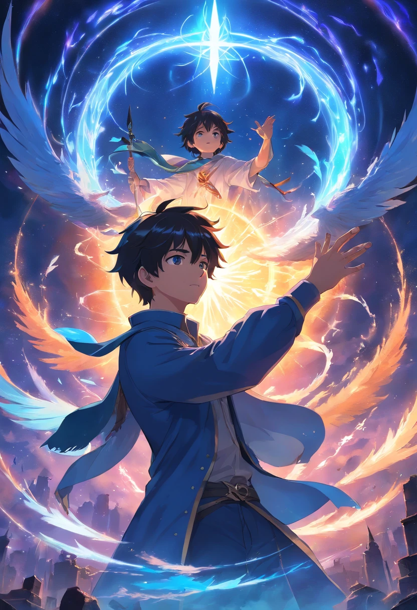 death,blood,night, dark, (Fantasy),Infinite,deep blue sky,The abyss of knowledge,knowledge,((masterpiece)), (((best quality))),((beautiful detailed eyes)),(eyelash),Monster,(1 boy),black hair,wavy hair,abyss eyes,Shiny skin,oil,(bird body,feather),Wearing Rags of cloth, Tzeentch,elf,extremely detailed CG unity 8k wallpaper,masterpiece, ((ultra-detailed)), ((illustration)),colorful,wallpaper,energy,Unknown terror,arcane,Around the magic,magic surrounds,magic rod,book,pages flying all over the sky,Know it all,Predicting the Future,Know the past,Infinite wisdom,blue flame,Warlock,Magical Circle,Pentagram,incantation,mantra,Singing magic,