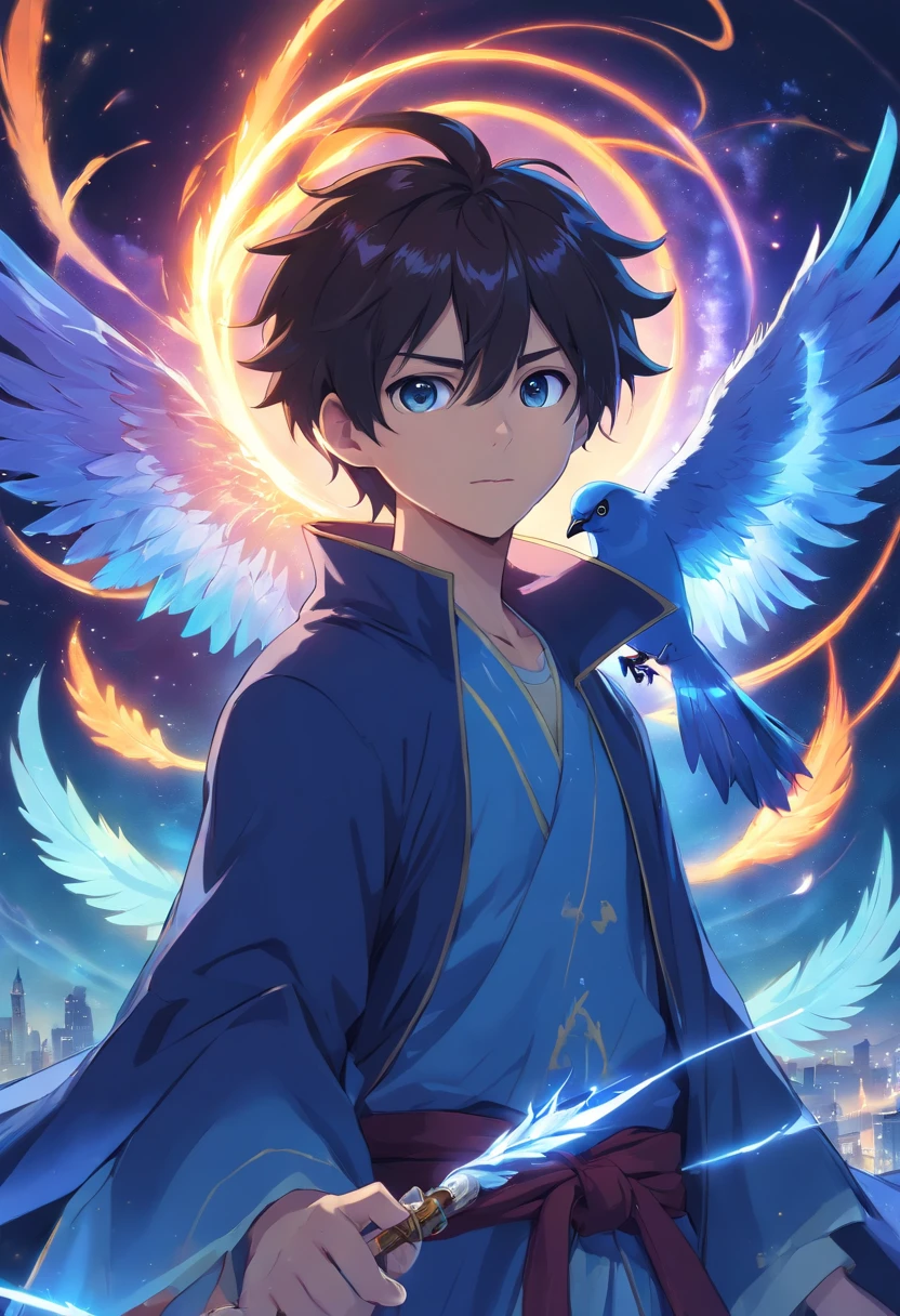 death,blood,night, dark, (Fantasy),Infinite,deep blue sky,The abyss of knowledge,knowledge,((masterpiece)), (((best quality))),((beautiful detailed eyes)),(eyelash),Monster,(1 boy),black hair,wavy hair,abyss eyes,Shiny skin,oil,(bird body,feather),Wearing Rags of cloth, Tzeentch,elf,extremely detailed CG unity 8k wallpaper,masterpiece, ((ultra-detailed)), ((illustration)),colorful,wallpaper,energy,Unknown terror,arcane,Around the magic,magic surrounds,magic rod,book,pages flying all over the sky,Know it all,Predicting the Future,Know the past,Infinite wisdom,blue flame,Warlock,Magical Circle,Pentagram,incantation,mantra,Singing magic,