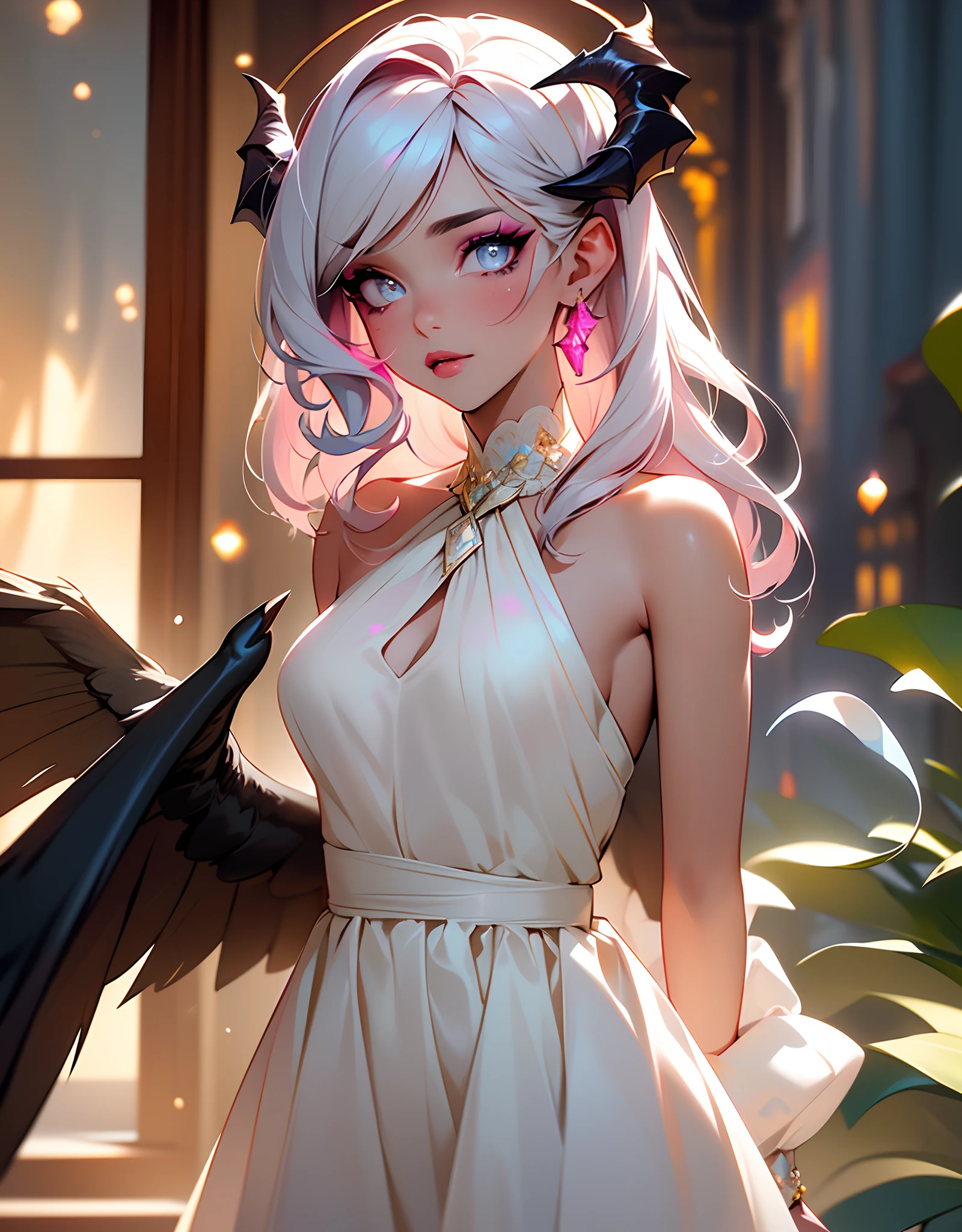 (Masterpiece:1.2), best quality, (illustration:1.2), (ultra-detailed),Eye focus,(Masterfully crafted Glow, pink lens flare), (Cinematic background), hyper details, (delicate detailed), (intricate details),in the air, octane render, hdr, (hyperdetailed:1.15), (soft light:1.2), 1girl, beautiful girl, ultra detailed eyes, mature, plump, thick, rainbow painting drops, paint teardrops, woman made up from paint, entirely paint, splat, splash, outdoors, (bioluminescent hair:1.1),(glowing eyes), ((makeup)),(Cinematic masterpiece), fierce, powerful, splashes of colour absolutely eye-catching, (Cinematic headlight), light coming from above, growing shadows, ((caustic)), dynamic angle, beautiful detailed glow, ambient occlusion, ambient light, raytraced reflections,(best illumination, an extremely delicate and beautiful), ((cinematic light)), (soft:2), (Nephilim:1.2), (halo), demon horns,(1 angel wing),1 demon wing, wings on back, half demon, demon ears, black wings, raven wings, (falling raven feathers), black hair, grey eyes, (red hair glow), (radiant aura),