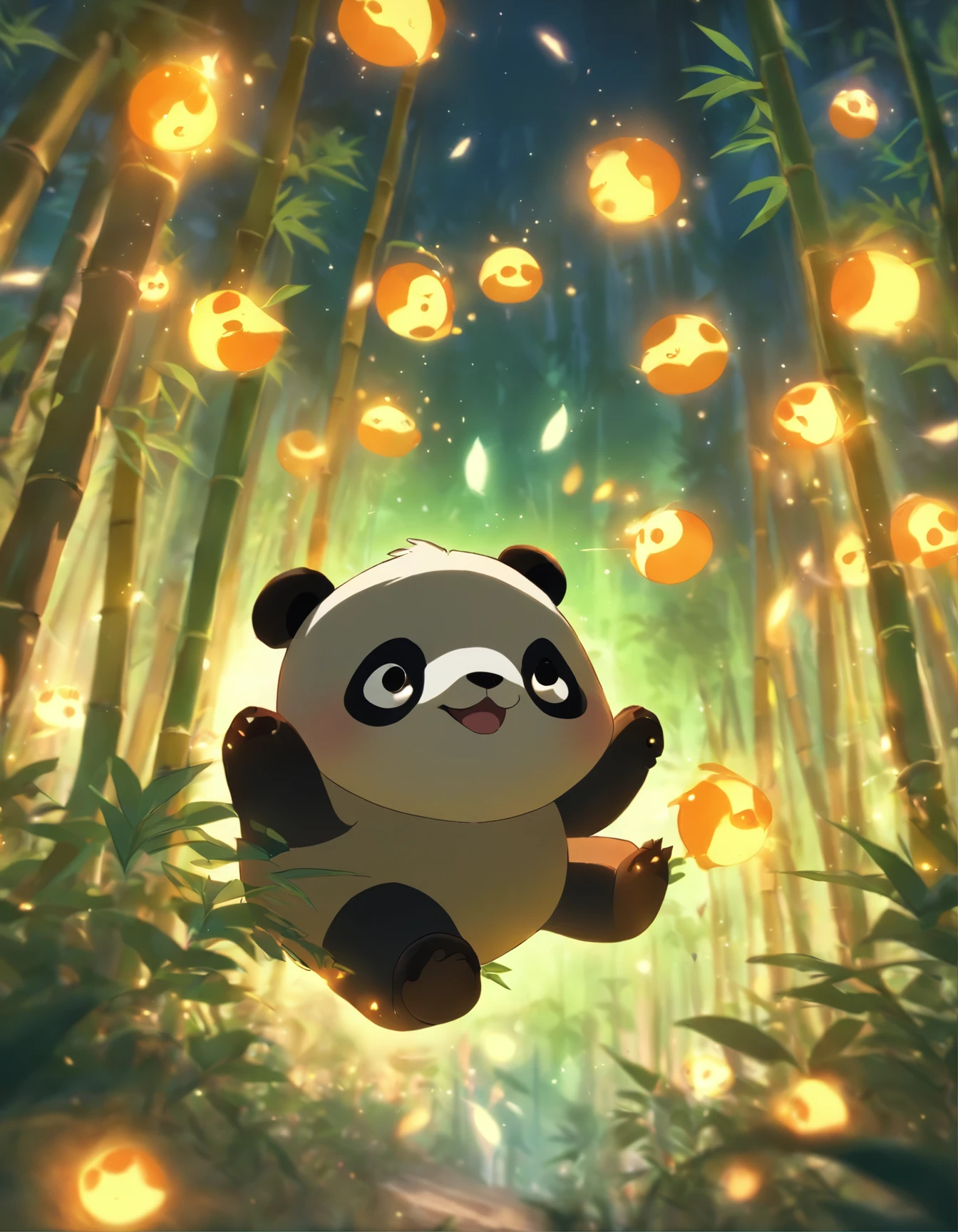 KIDS ILLUSTRATION,Silent night, Quiet bamboo forest, Bamboo leaves fall in the wind,Cute and cute giant panda,fatty, Full moon in the sky, fireflies flying,((oc rendered))