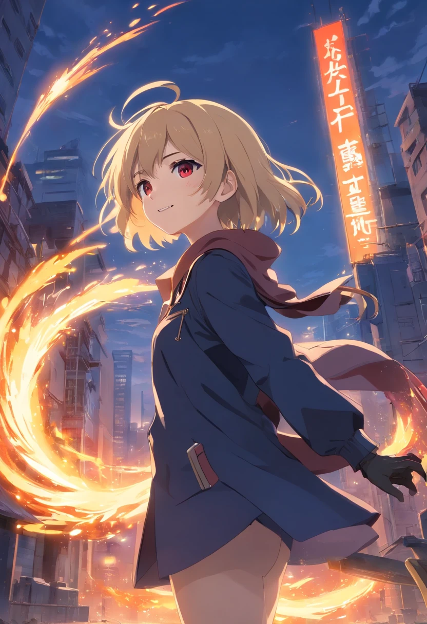 masterpiece, best quality, ultra-detailed, illustration, 1girl, focus on character, upper body, from side, close to the camera
magnificent, witch hat, red eyes, blonde hair, crazy smile, gloves, pocket watch, black clothes, crazy smile, black clothes,
golden beam, flame effects, chaos, surround by flame,
city, ruins, dusk