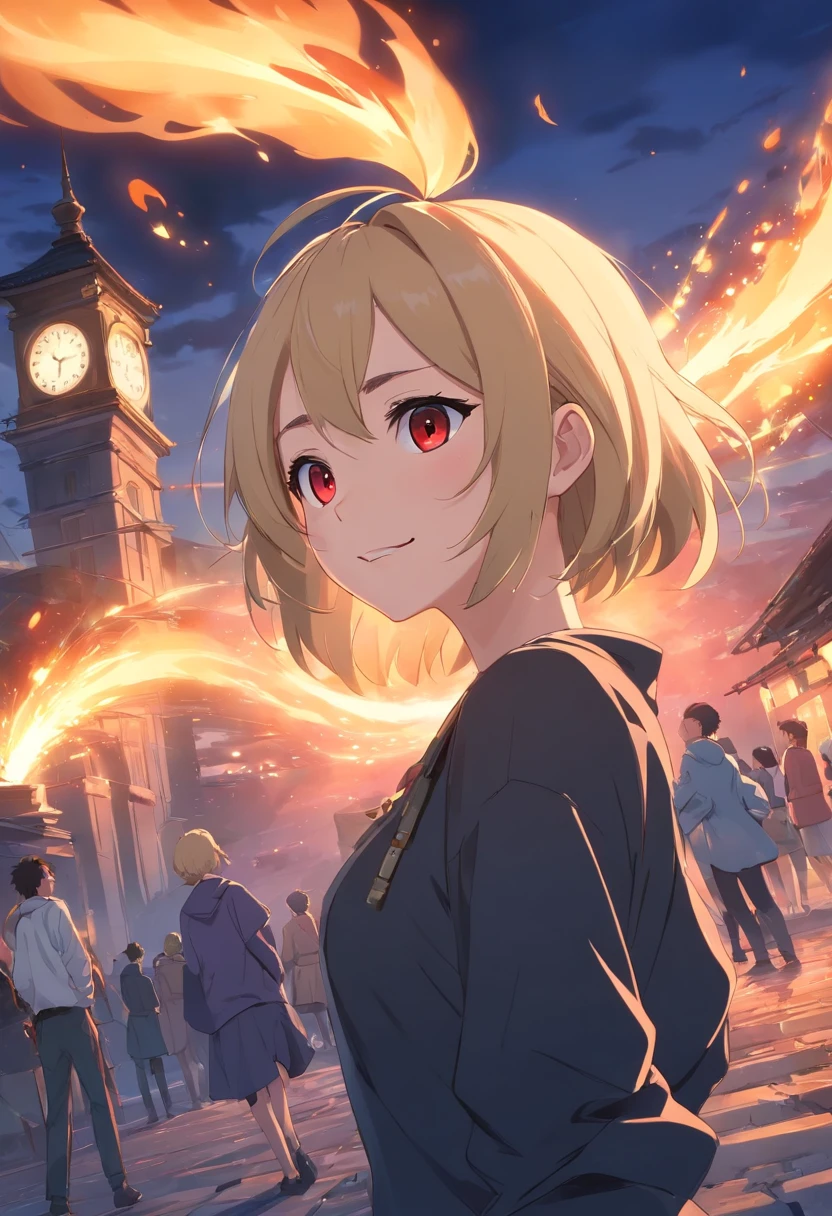 masterpiece, best quality, ultra-detailed, illustration, 1girl, focus on character, upper body, from side, close to the camera
magnificent, witch hat, red eyes, blonde hair, crazy smile, gloves, pocket watch, black clothes, crazy smile, black clothes, 
golden beam, flame effects, chaos, surround by flame, 
city, ruins, dusk