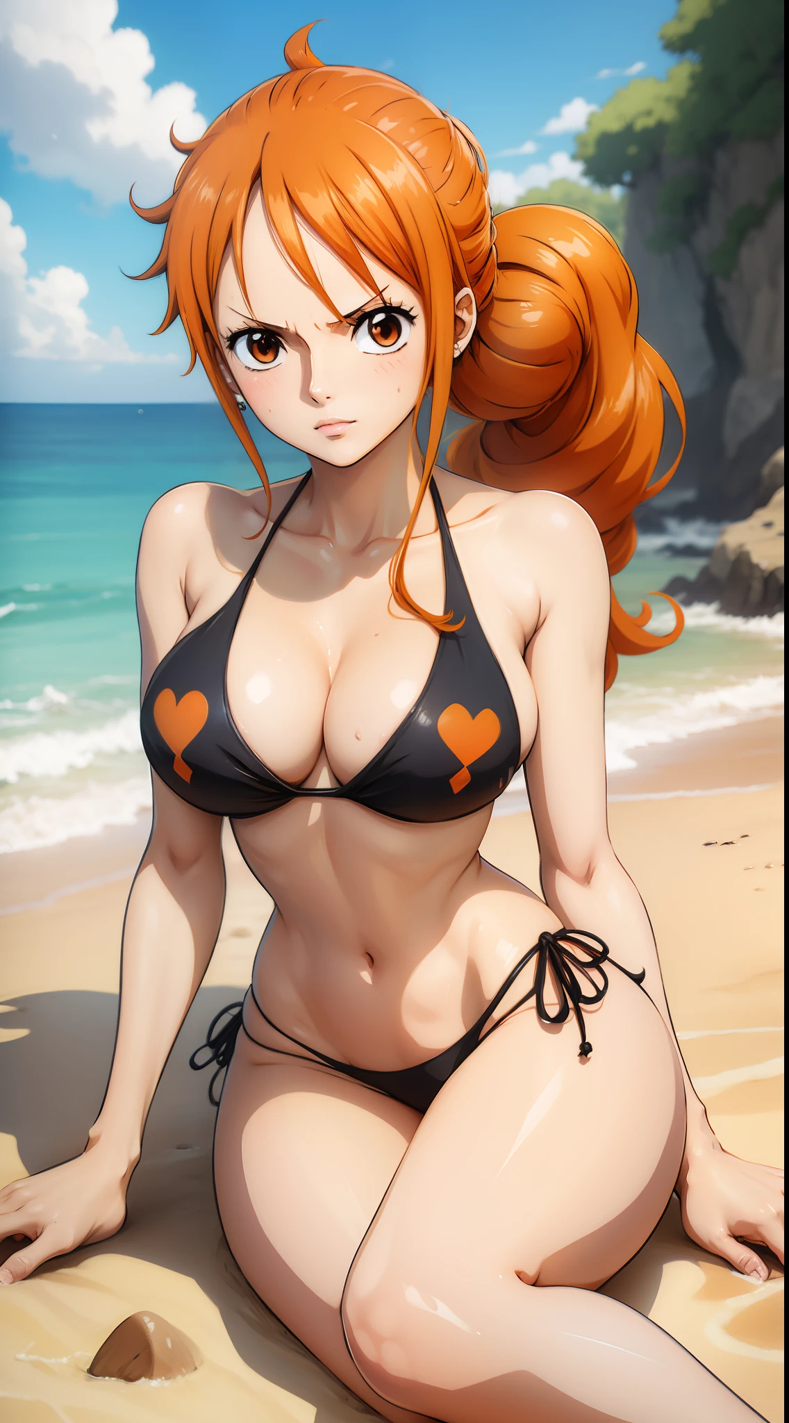 (ANIME ART STYLE),Nami from one piece, brown eyes, orange long ponytail hair, wearing black bikini, sitting on beach, blushing,(NSFW), front view.