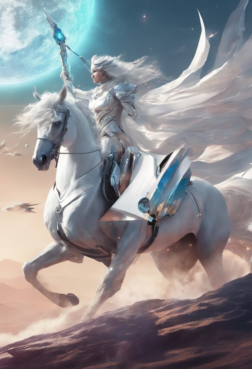A white horse, Its riders wield bows, and was awarded the crown; He rides like a winner determined to win, Realistic, 8K