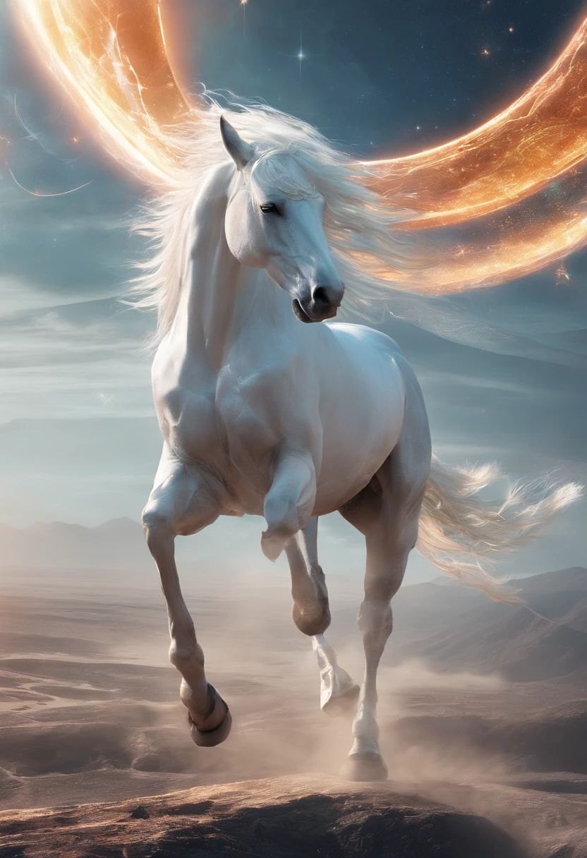 A white horse, Its riders wield bows, and was awarded the crown; He rides like a winner determined to win, Realistic, 8K